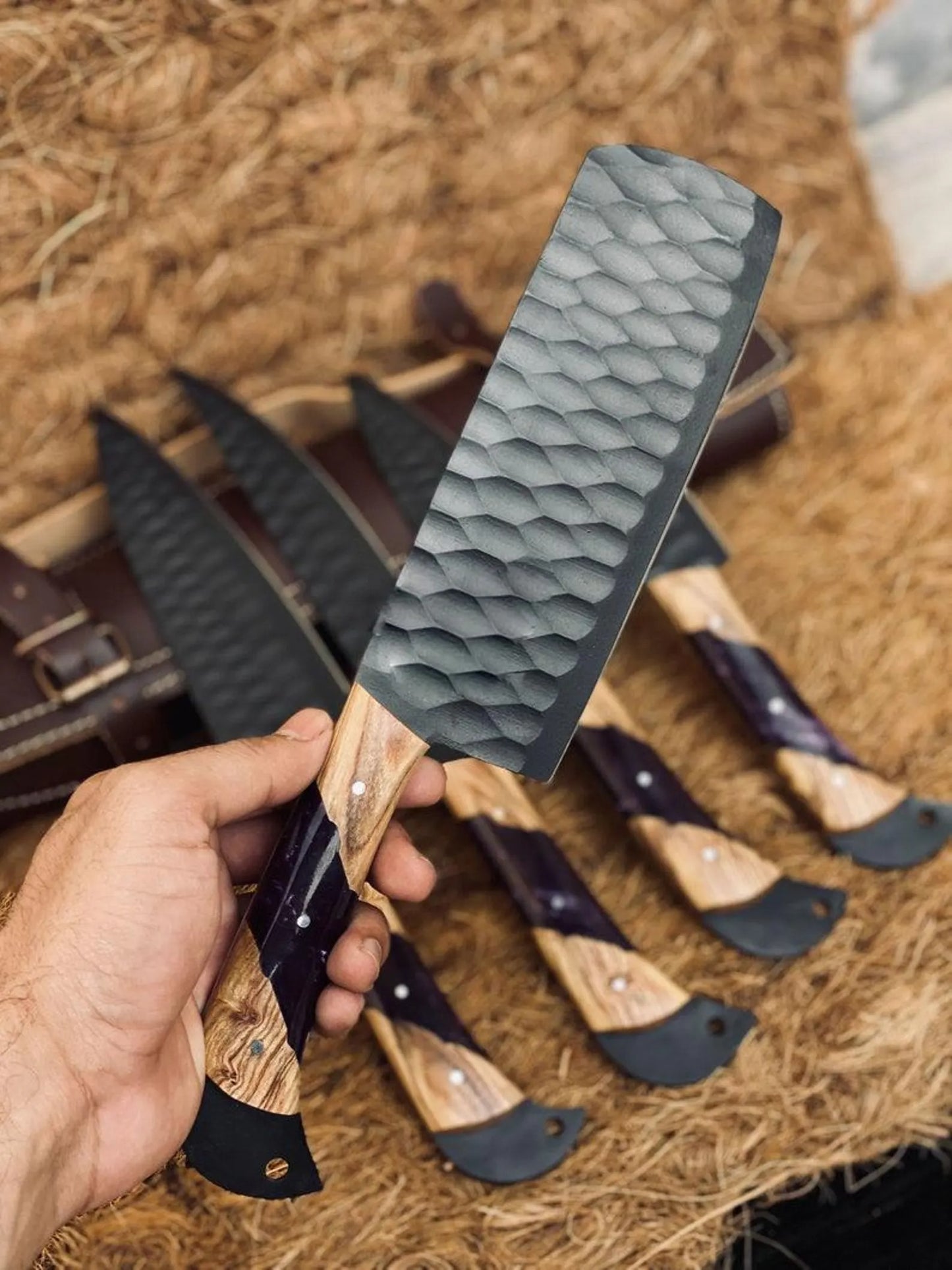 Black Hammered Chef Knife Set – 6-Piece Kitchen Blade Collection with Galaxy Resin & Wood Handles