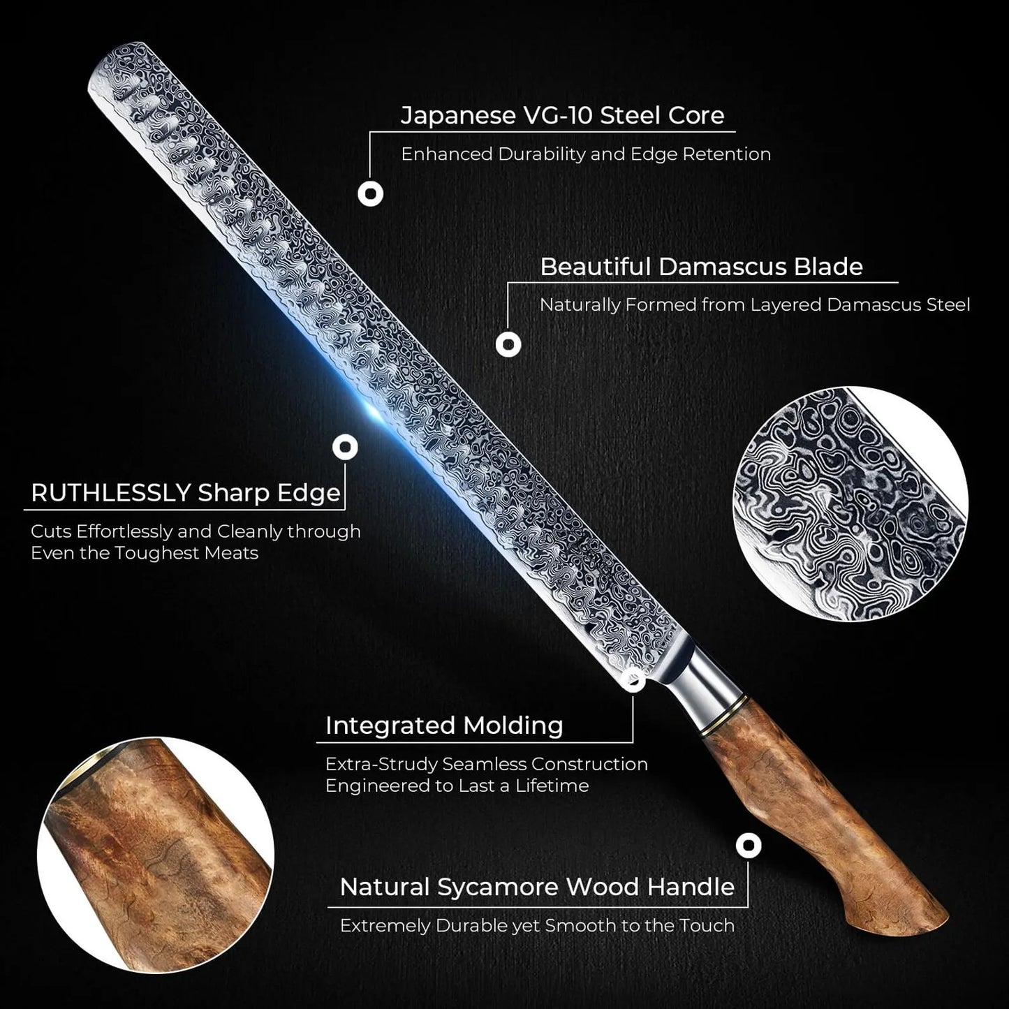 Beautifully Crafted Damascus Steel 12" Brisket Knife with Sycamore Wood Handle