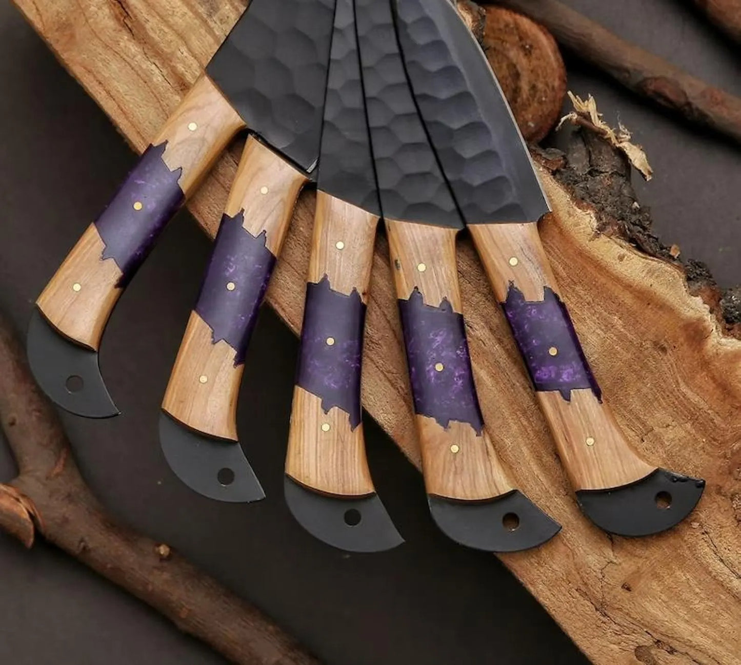 Black Hammered Chef Knife Set – 6-Piece Kitchen Blade Collection with Galaxy Resin & Wood Handles