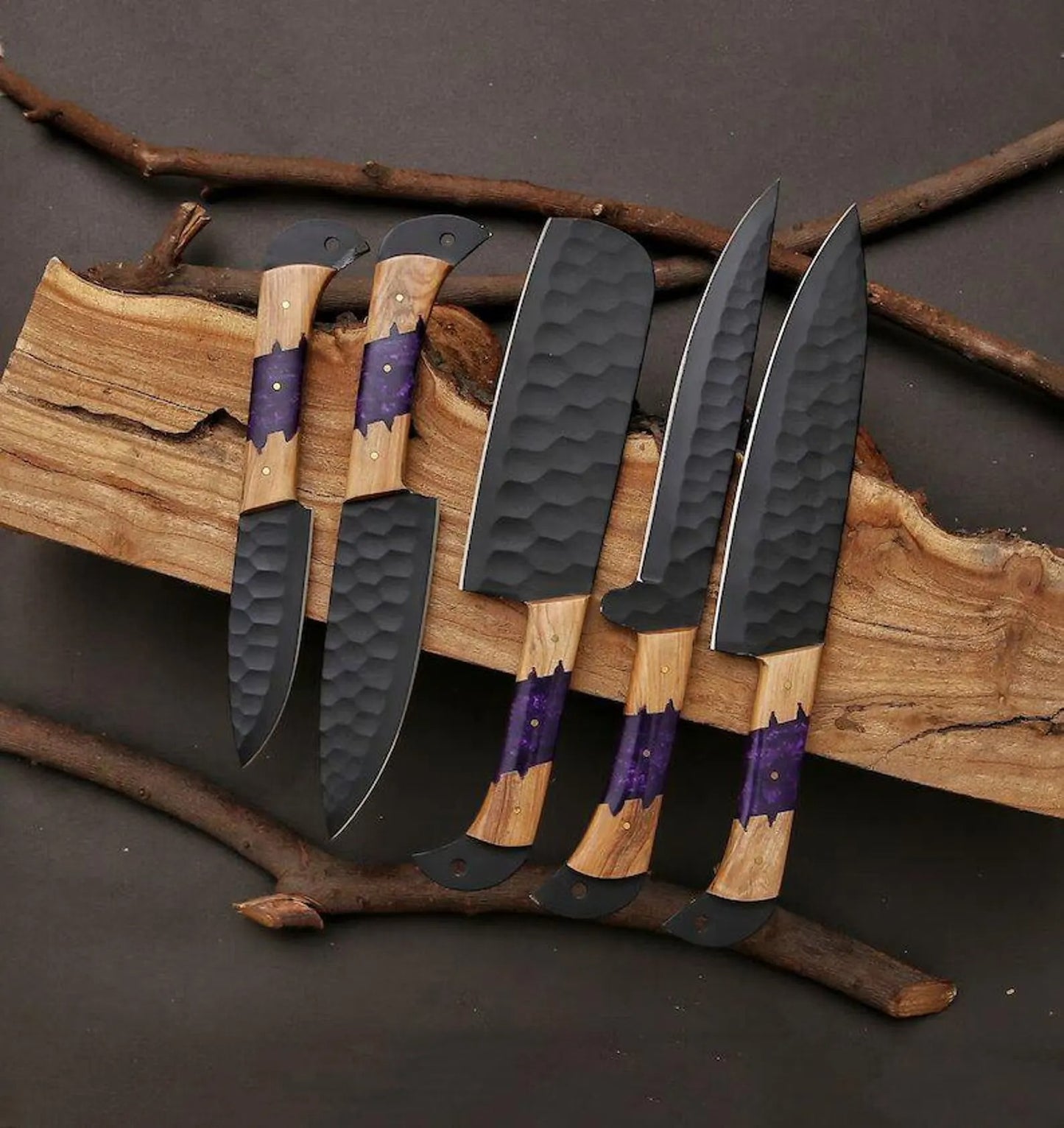 Black Hammered Chef Knife Set – 6-Piece Kitchen Blade Collection with Galaxy Resin & Wood Handles