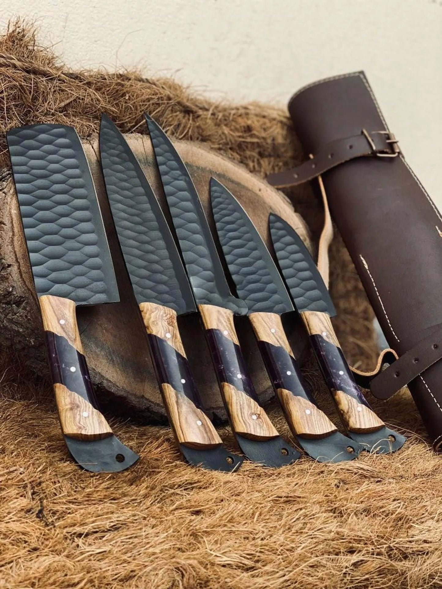 Black Hammered Chef Knife Set – 6-Piece Kitchen Blade Collection with Galaxy Resin & Wood Handles