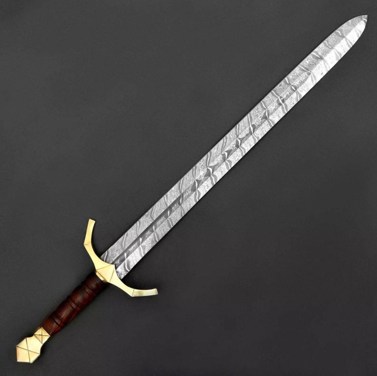 Hand-Forged Damascus Steel Medieval Sword – Brass Guard & Wooden Handle | Collector’s Knight Blade