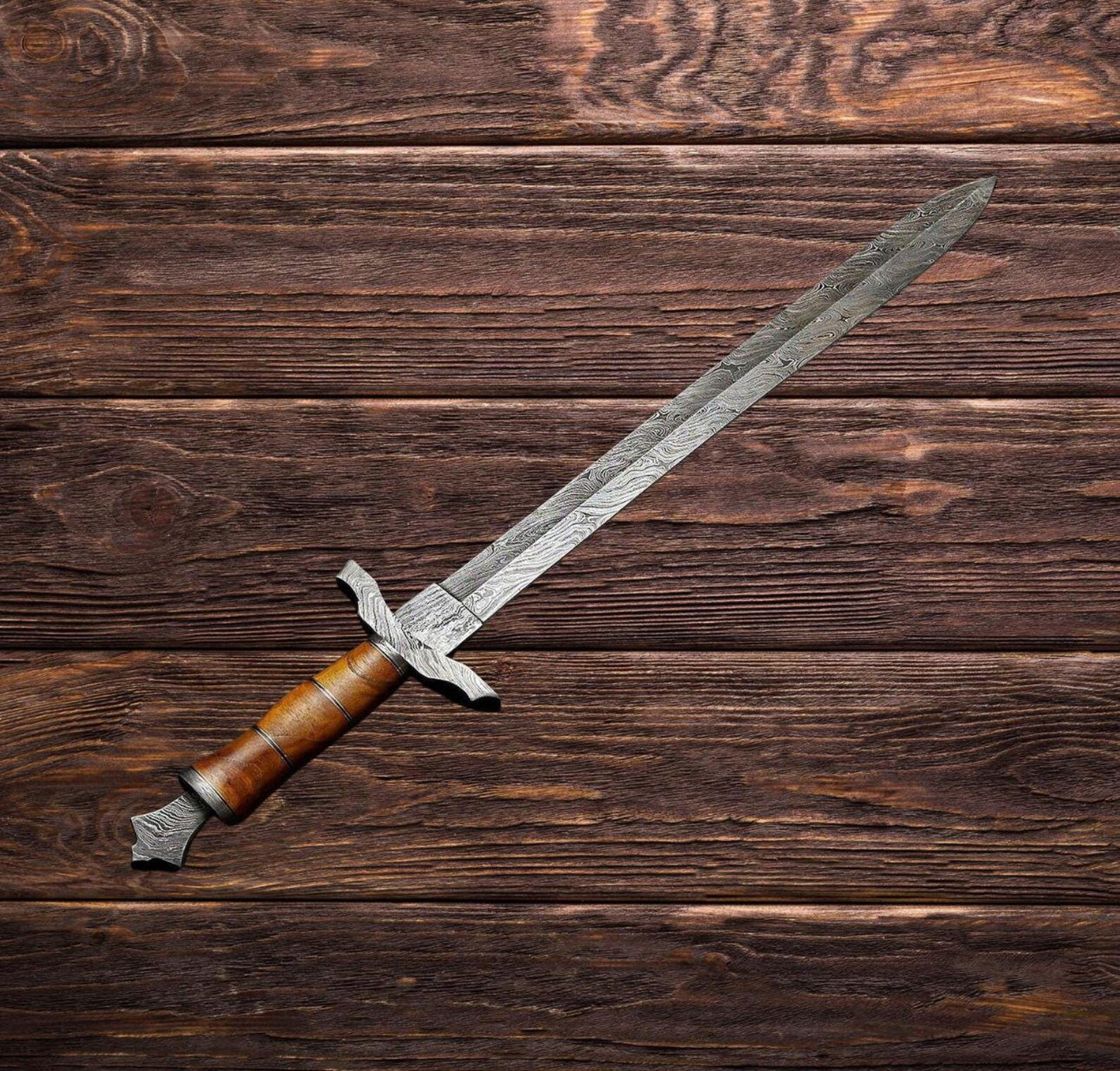 Handmade Damascus Steel Medieval Sword – Full Tang Blade with Leather Sheath | Collector’s Knight Sword