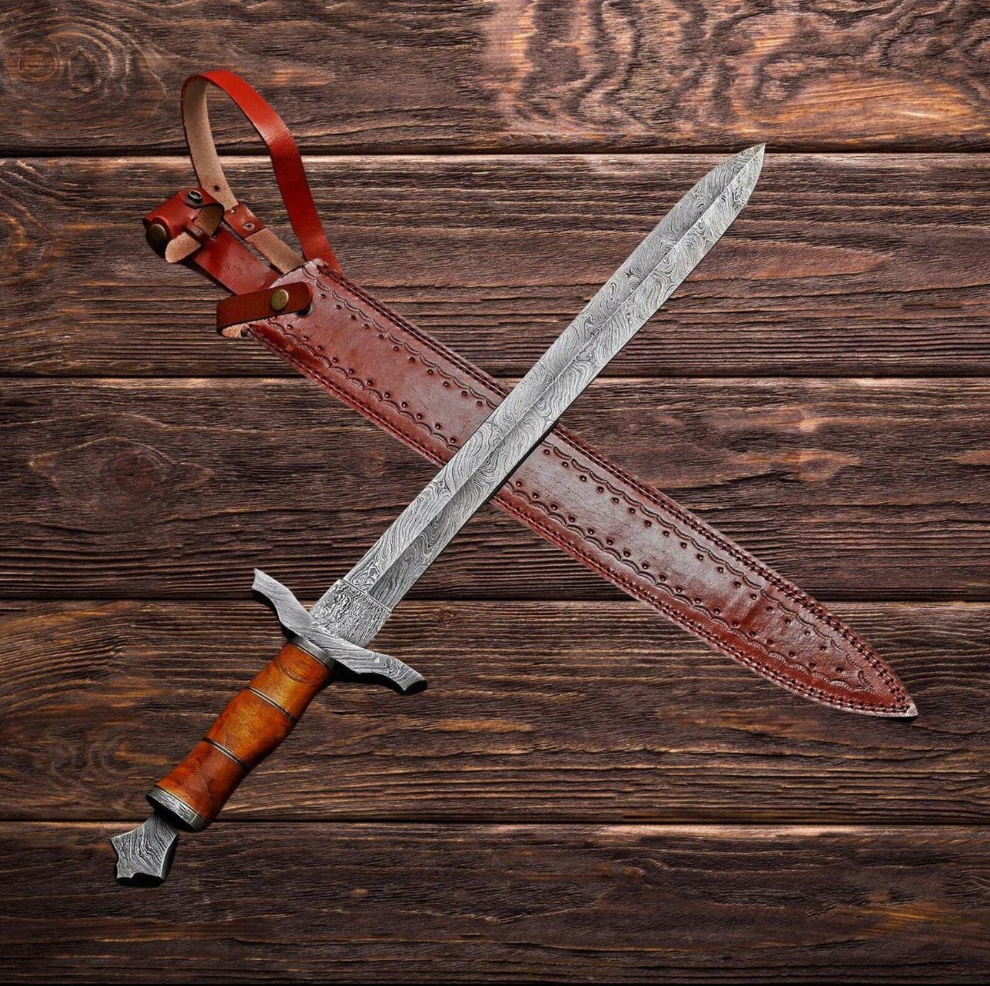 Handmade Damascus Steel Medieval Sword – Full Tang Blade with Leather Sheath | Collector’s Knight Sword