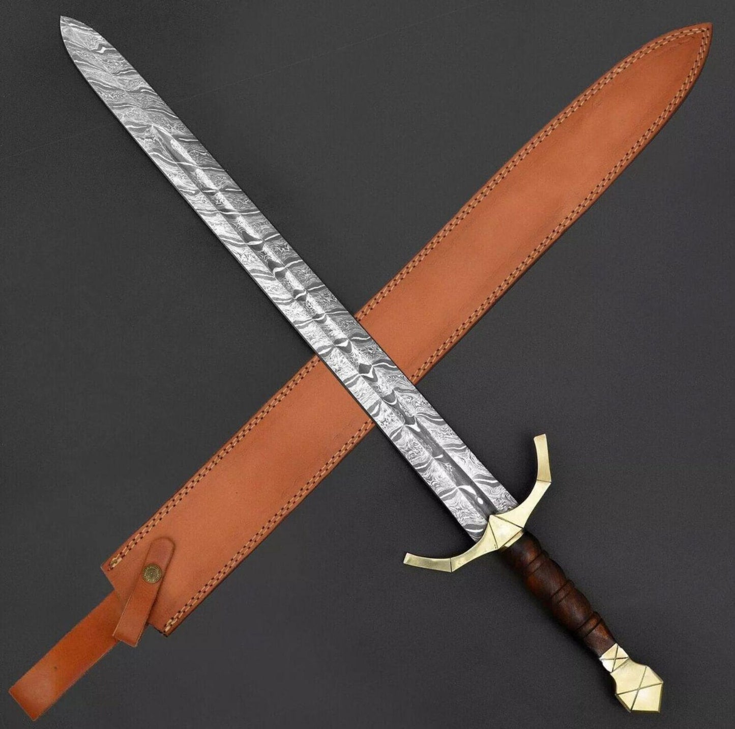 Hand-Forged Damascus Steel Medieval Sword – Brass Guard & Wooden Handle | Collector’s Knight Blade