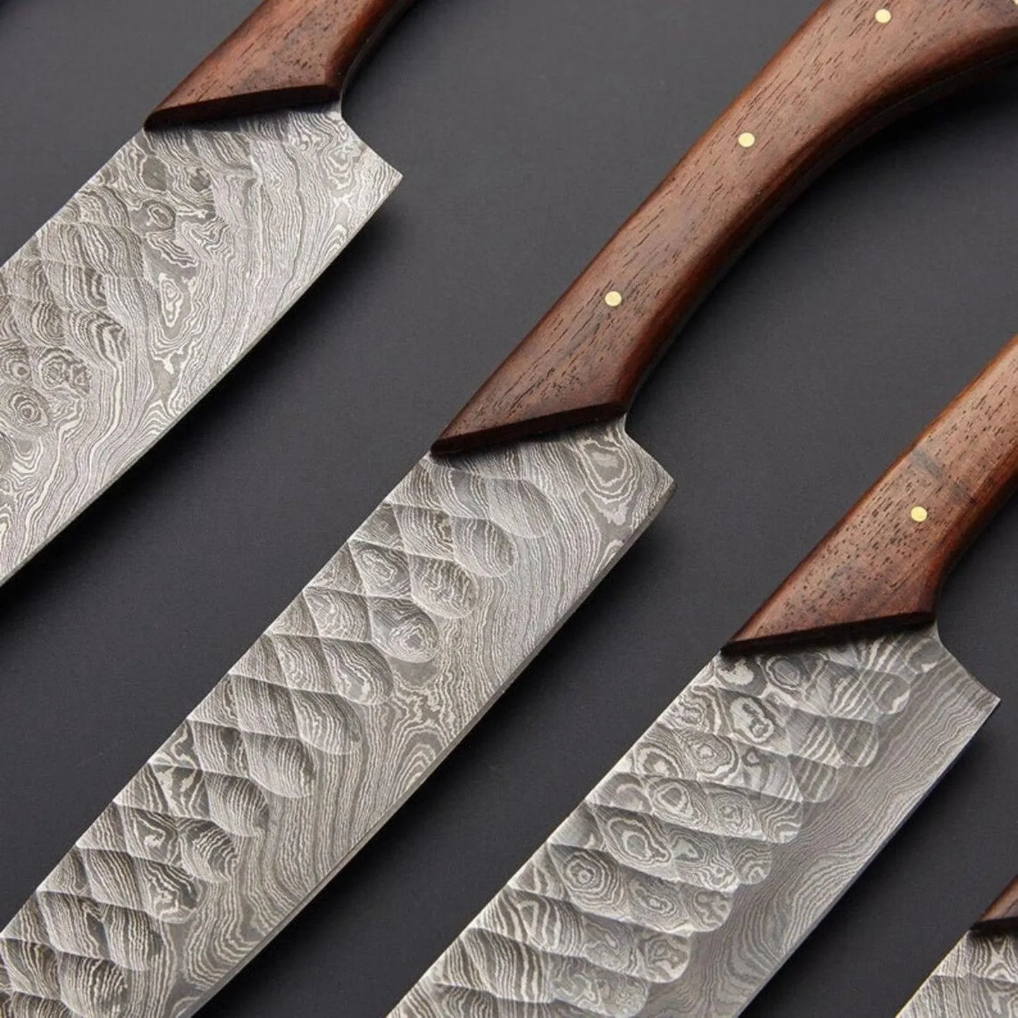 Hand-Forged Damascus Steel Kitchen Knife Set – 5-Piece Chef Collection with Hammered Finish & Wood Handles