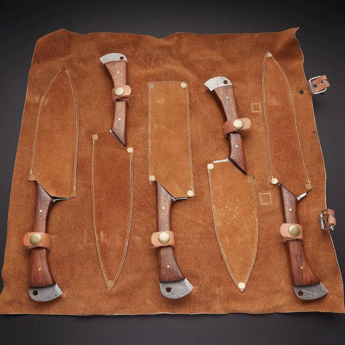 Hand-Forged Damascus Steel Kitchen Knife Set – 5-Piece Chef Collection with Hammered Finish & Wood Handles