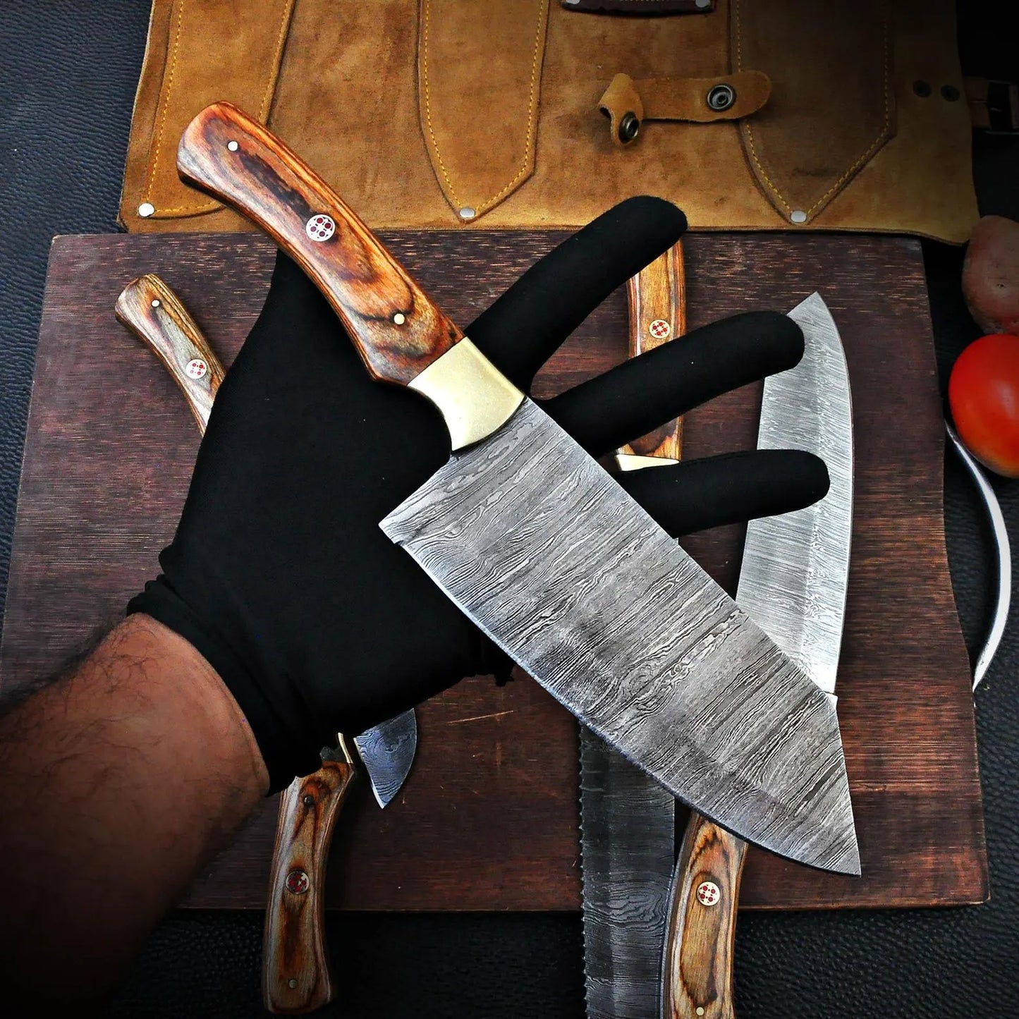 Damascus Steel Chef Knife Set – 5 Piece Kitchen Collection with Wood Handles