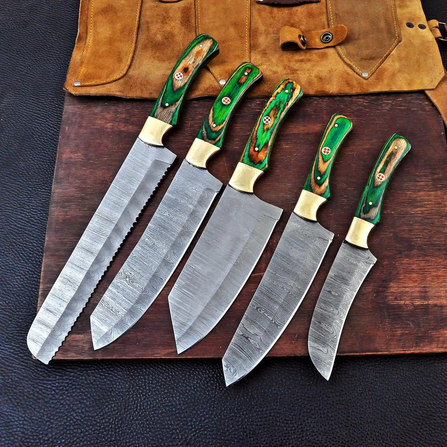 Premium 5-Piece Damascus Steel Kitchen Knife Set – Wooden Handle