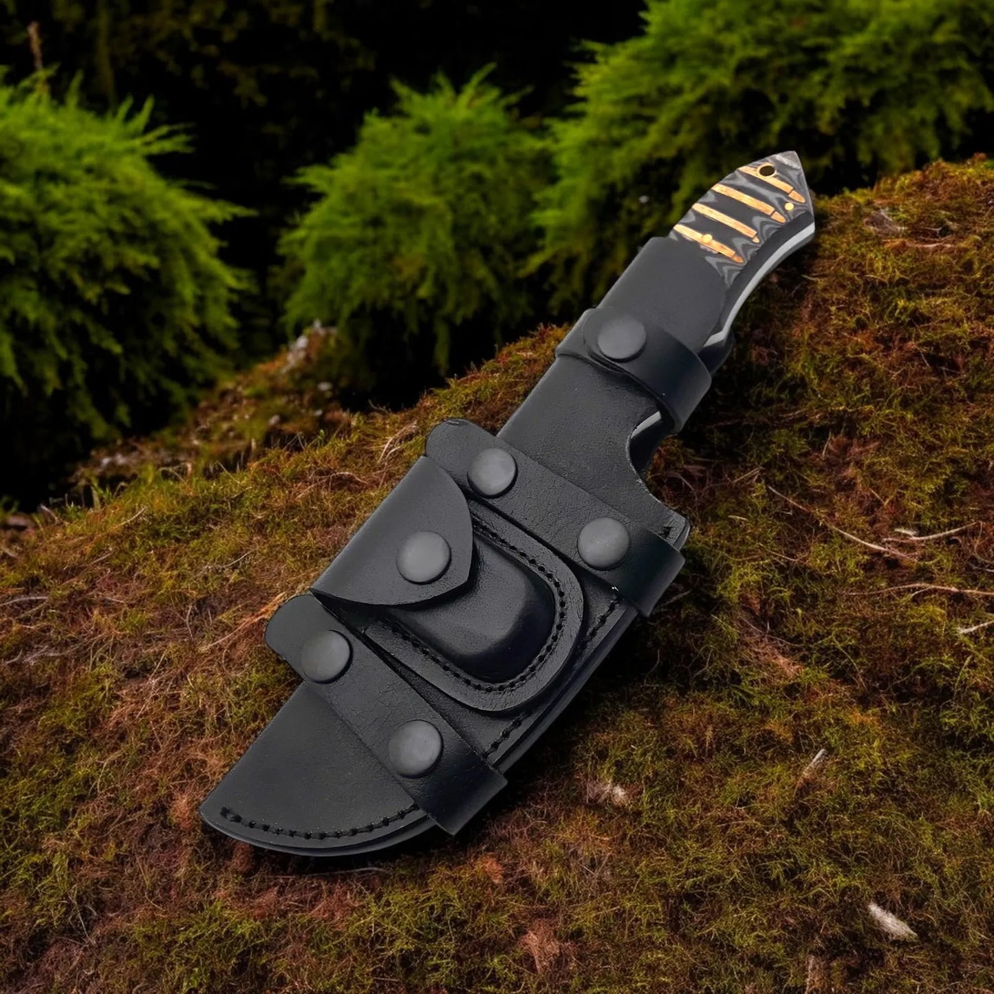 Damascus Steel Tracker Knife with Sculpted Handle and Leather Sheath