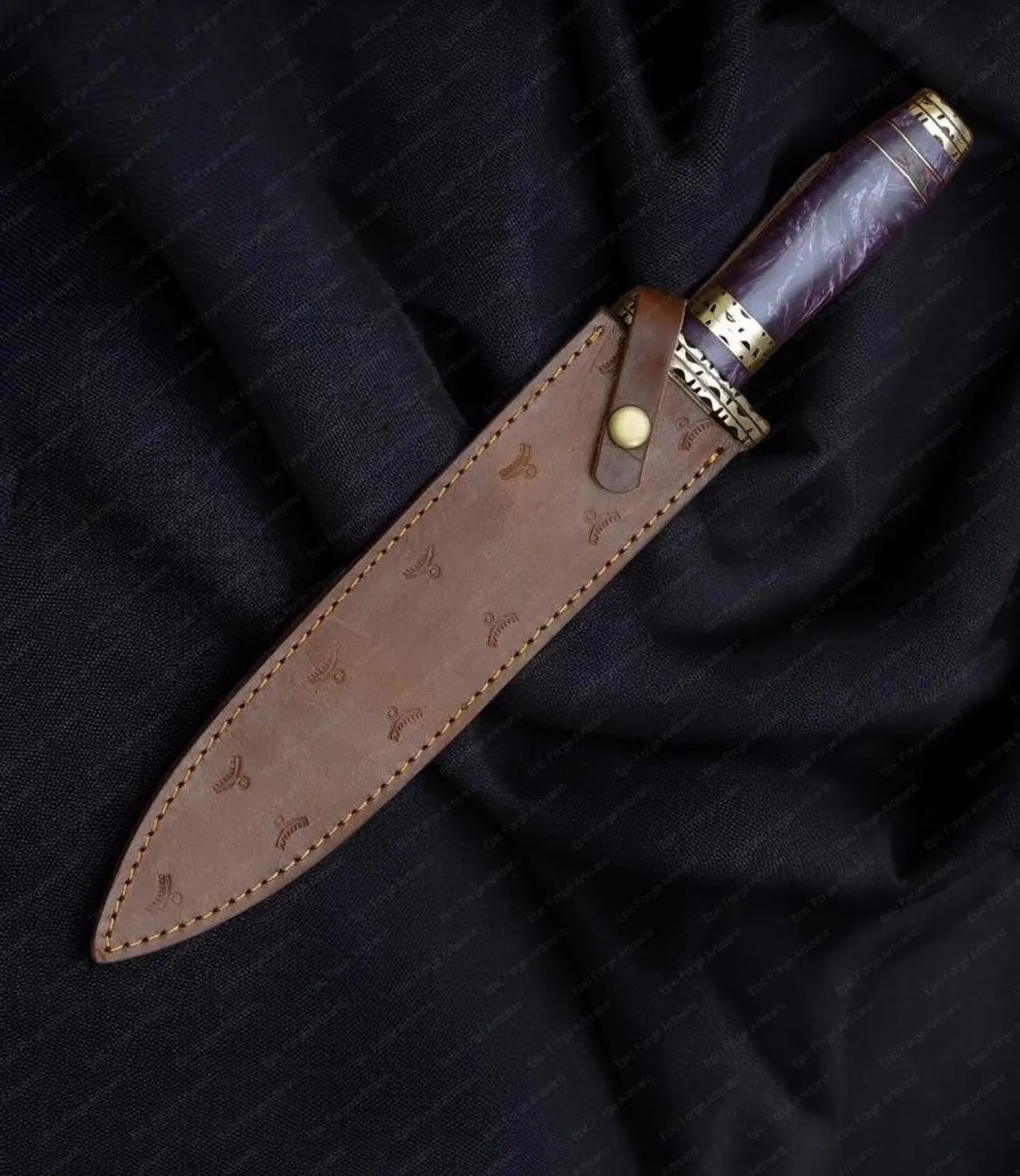 Handmade Damascus Steel Dagger – Purple Resin Handle with Brass Guard & Leather Sheath | Custom Fantasy Blade