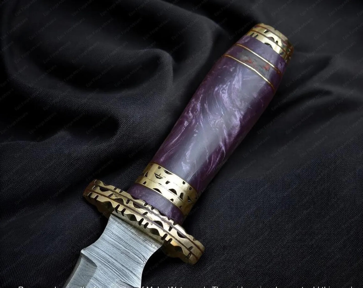 Handmade Damascus Steel Dagger – Purple Resin Handle with Brass Guard & Leather Sheath | Custom Fantasy Blade