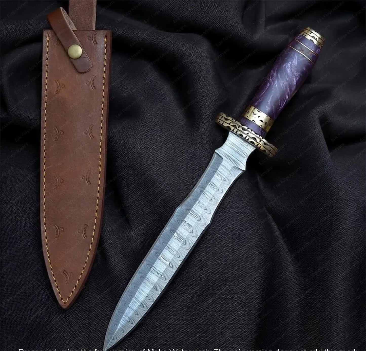 Handmade Damascus Steel Dagger – Purple Resin Handle with Brass Guard & Leather Sheath | Custom Fantasy Blade
