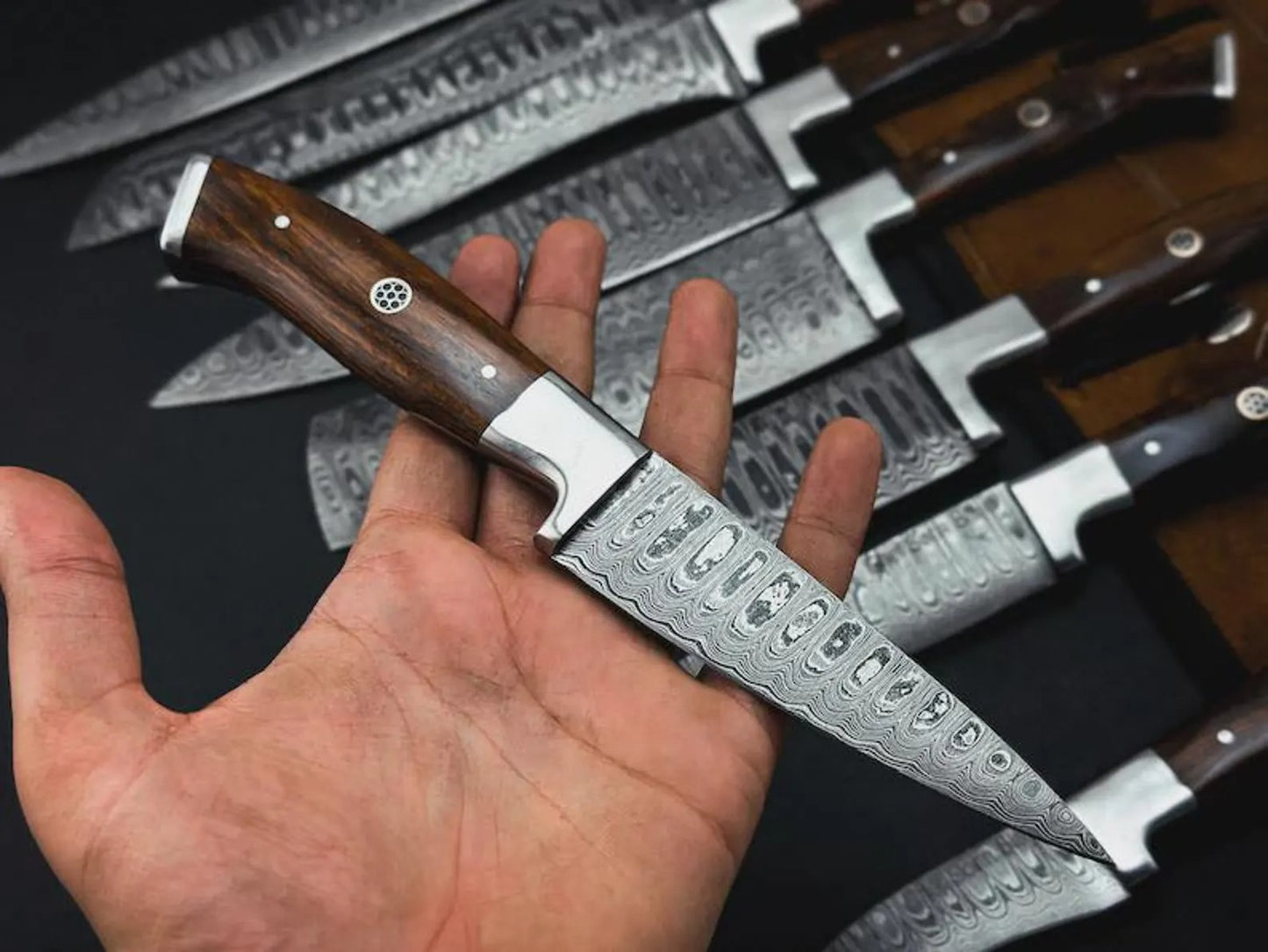 Handmade Damascus Steel Chef Knife Set – 9-Piece Culinary Collection with Wooden Handles & Leather Roll