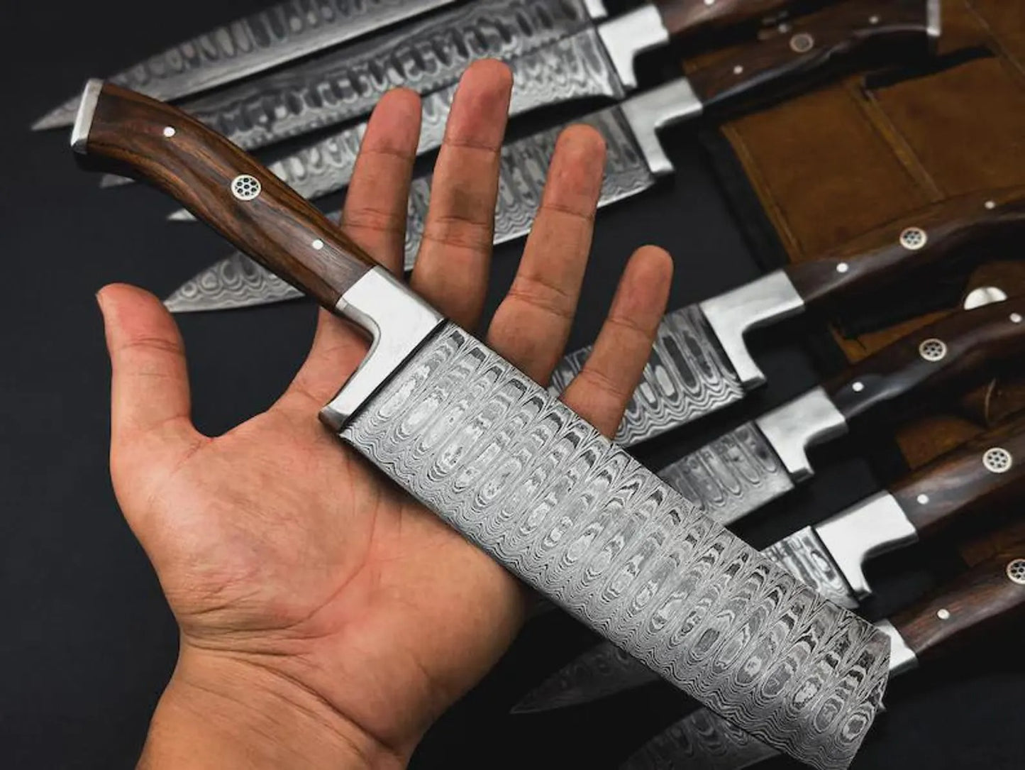 Handmade Damascus Steel Chef Knife Set – 9-Piece Culinary Collection with Wooden Handles & Leather Roll