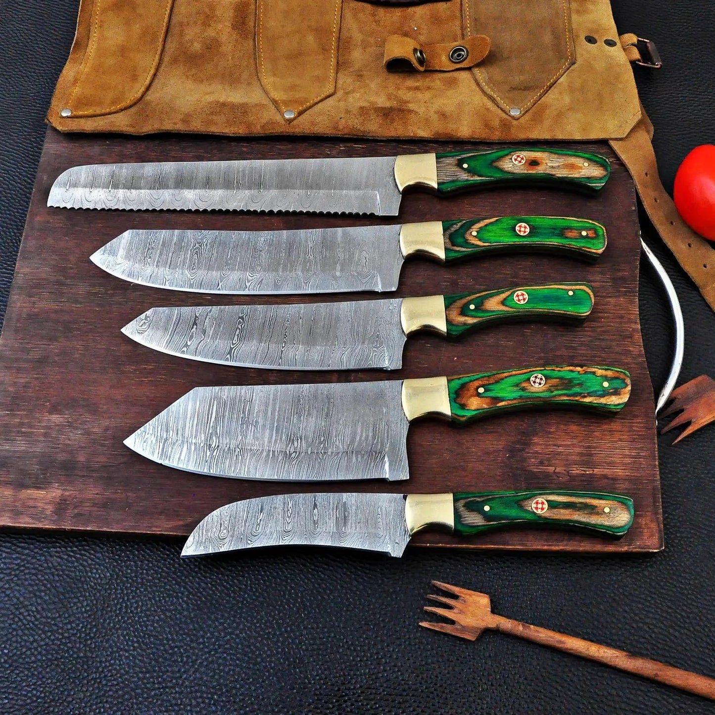 Premium 5-Piece Damascus Steel Kitchen Knife Set – Wooden Handle