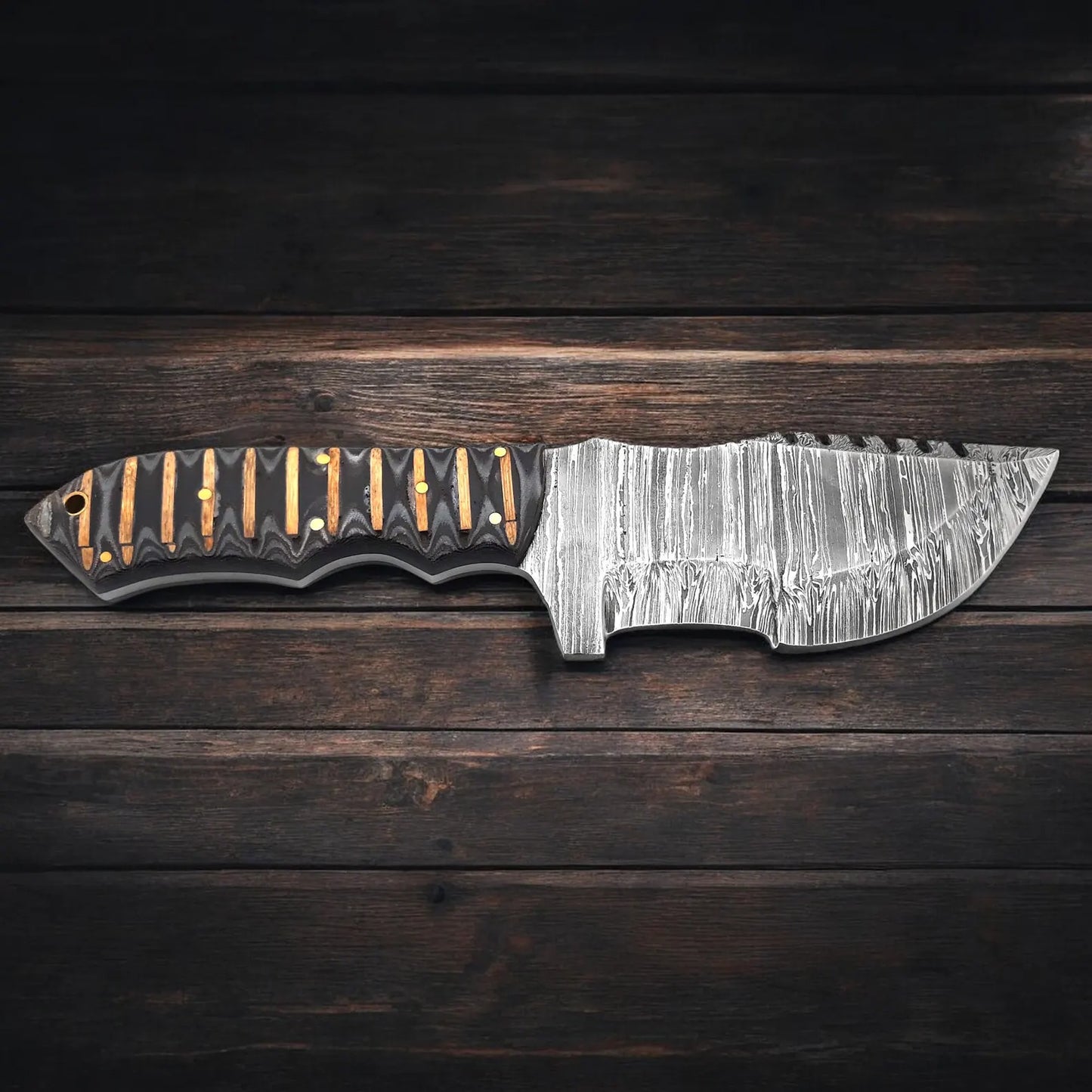Damascus Steel Tracker Knife with Sculpted Handle and Leather Sheath