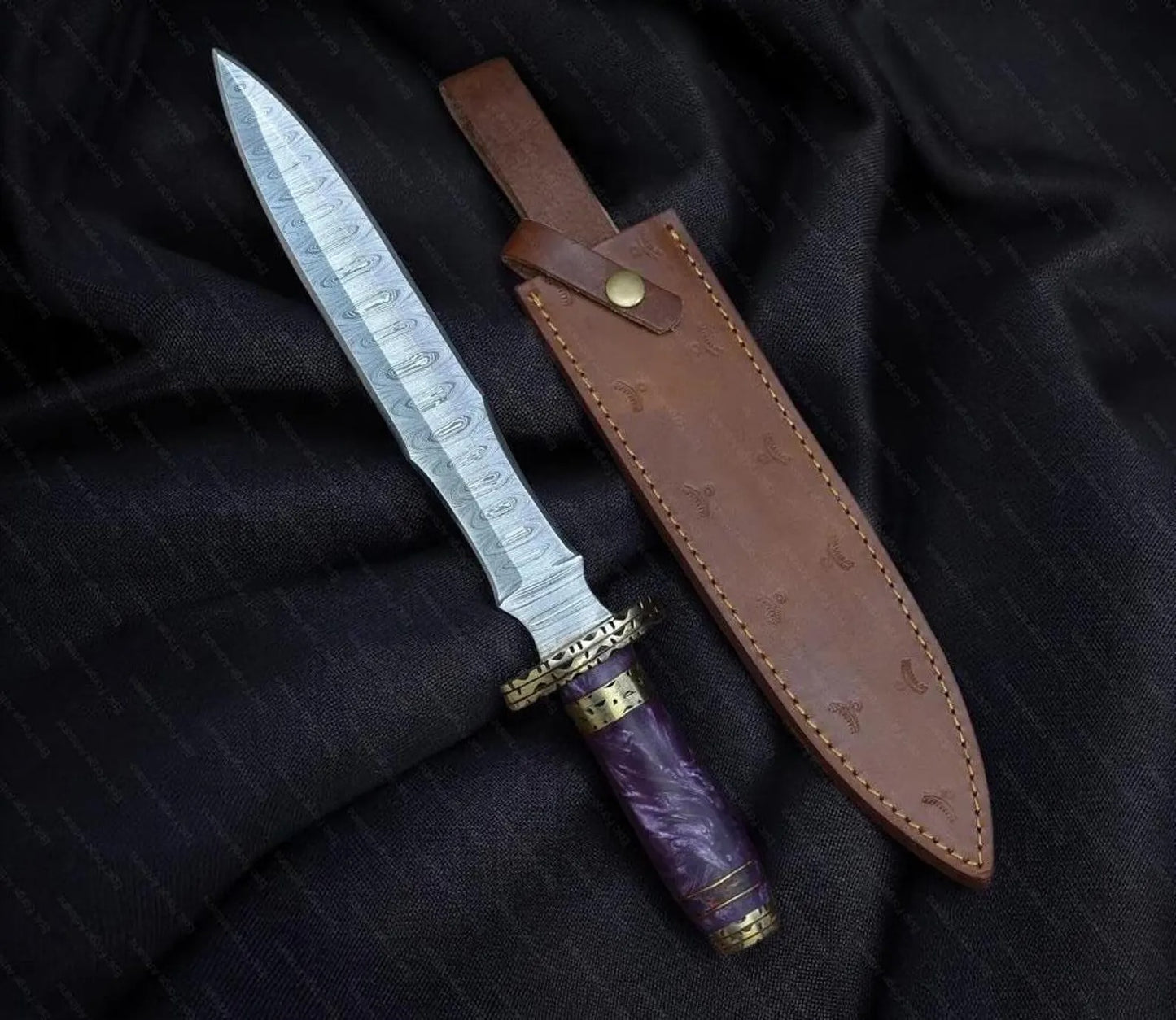 Handmade Damascus Steel Dagger – Purple Resin Handle with Brass Guard & Leather Sheath | Custom Fantasy Blade