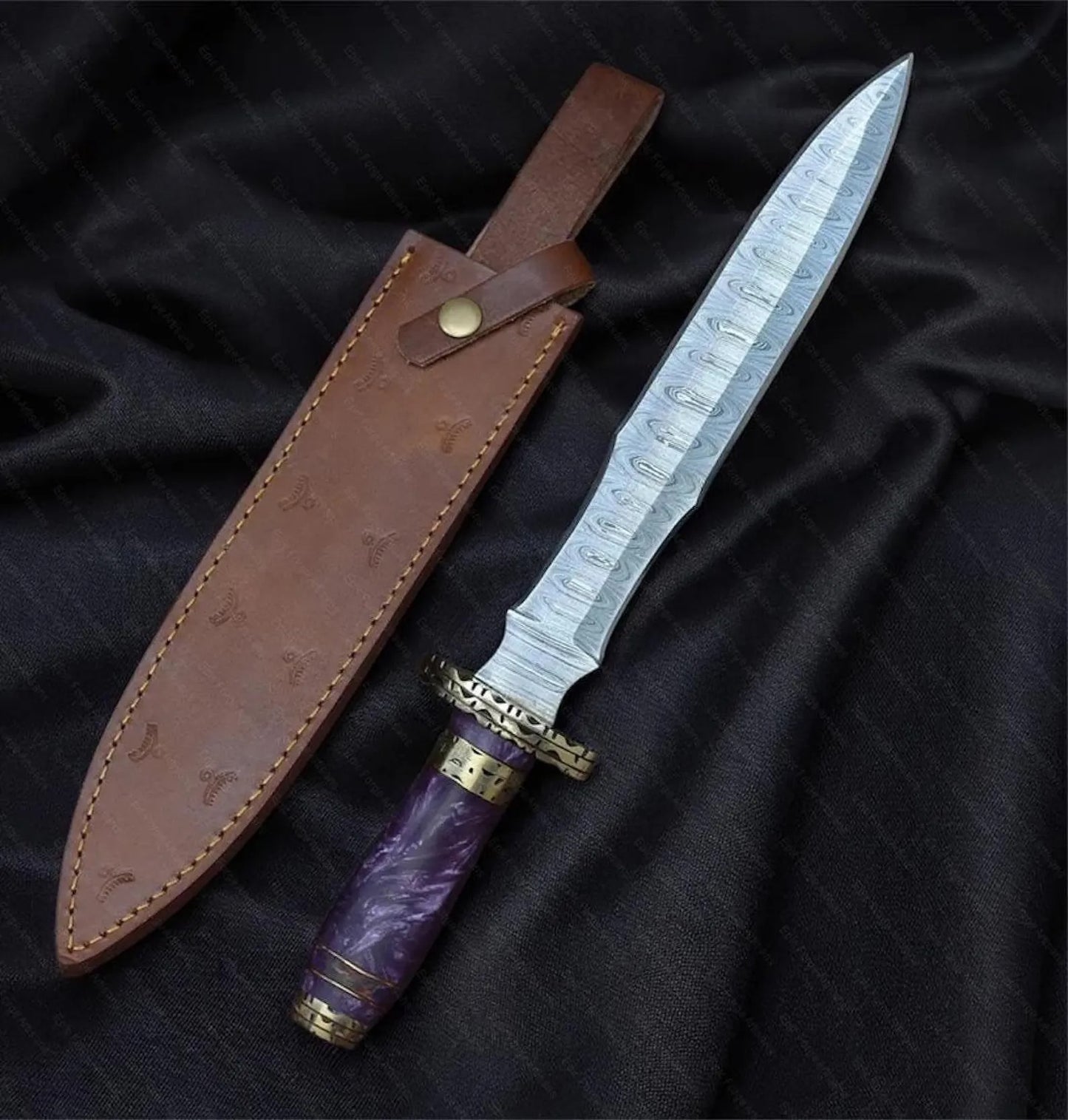 Handmade Damascus Steel Dagger – Purple Resin Handle with Brass Guard & Leather Sheath | Custom Fantasy Blade