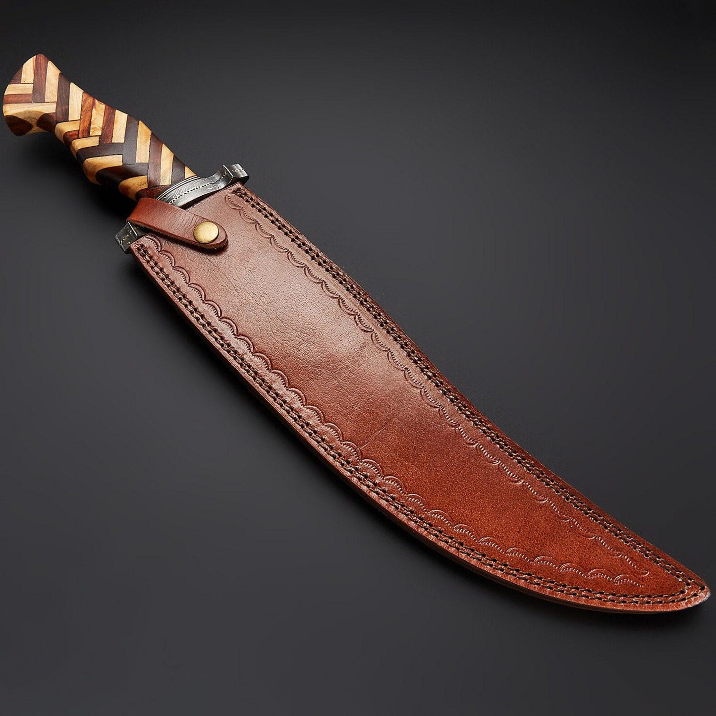 Hand-Forged Damascus Steel Bowie Knife – Wood Handle with Leather Sheath | Outdoor & Collector’s Blade