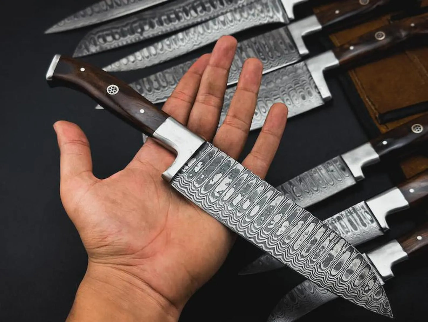 Handmade Damascus Steel Chef Knife Set – 9-Piece Culinary Collection with Wooden Handles & Leather Roll