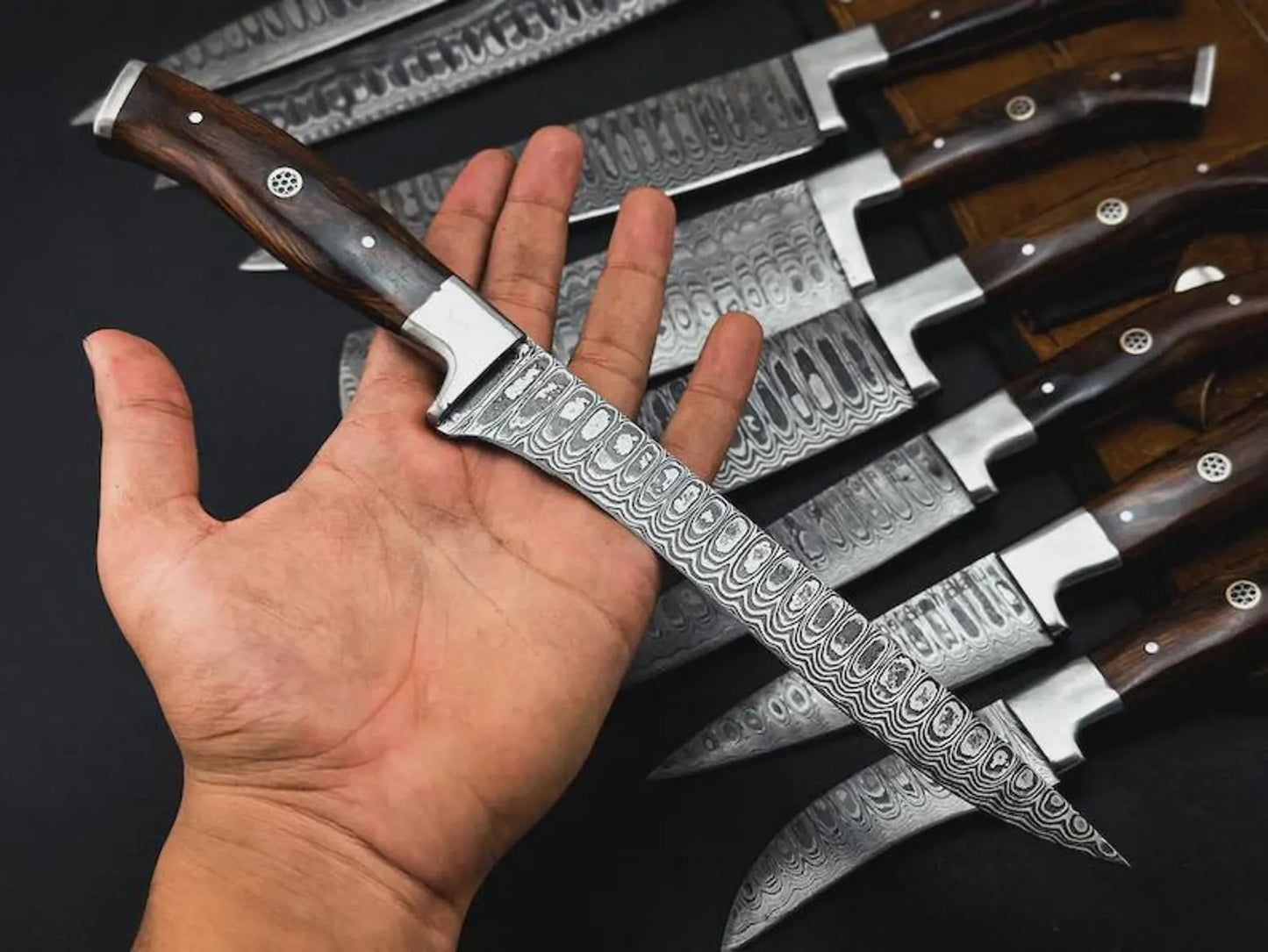 Handmade Damascus Steel Chef Knife Set – 9-Piece Culinary Collection with Wooden Handles & Leather Roll