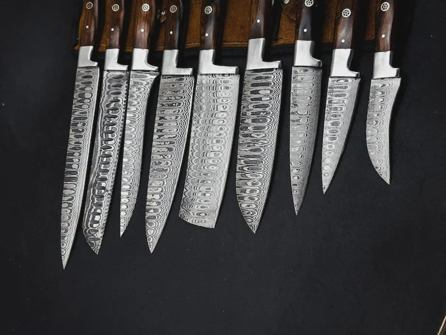 Handmade Damascus Steel Chef Knife Set – 9-Piece Culinary Collection with Wooden Handles & Leather Roll