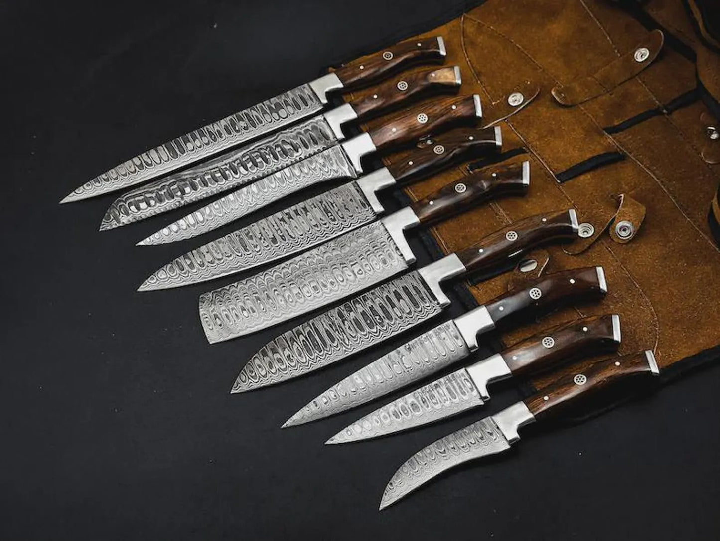 Handmade Damascus Steel Chef Knife Set – 9-Piece Culinary Collection with Wooden Handles & Leather Roll