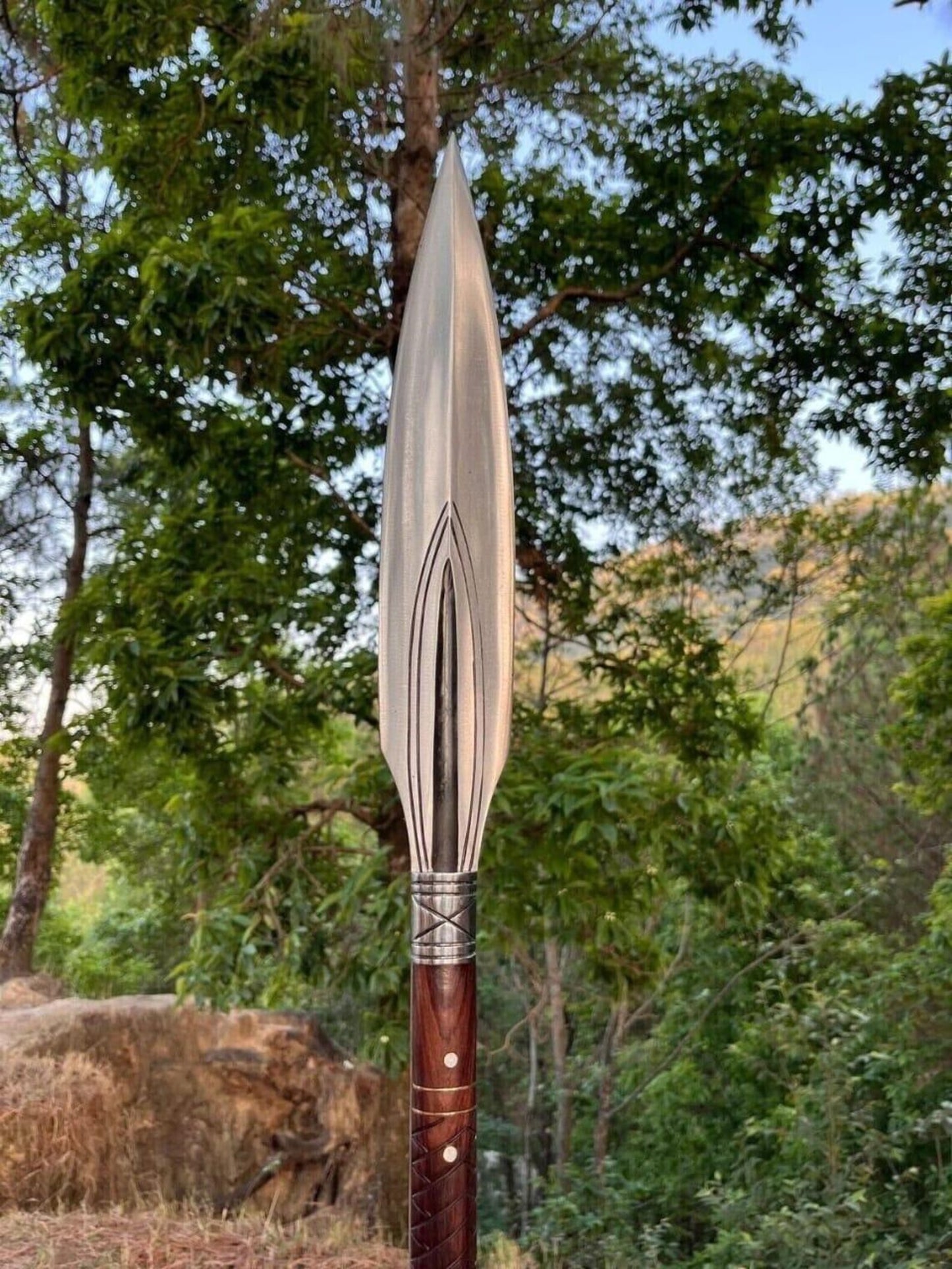 Hand-Forged Medieval Spear – Double-Edged Leaf Blade with Wood Handle & Steel Fittings