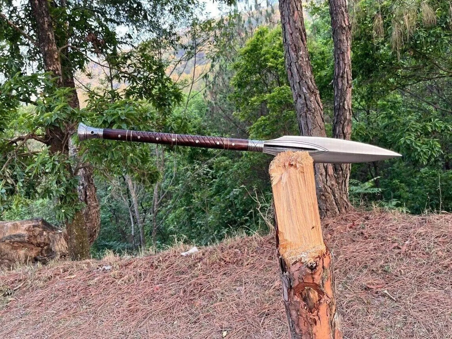 Hand-Forged Medieval Spear – Double-Edged Leaf Blade with Wood Handle & Steel Fittings