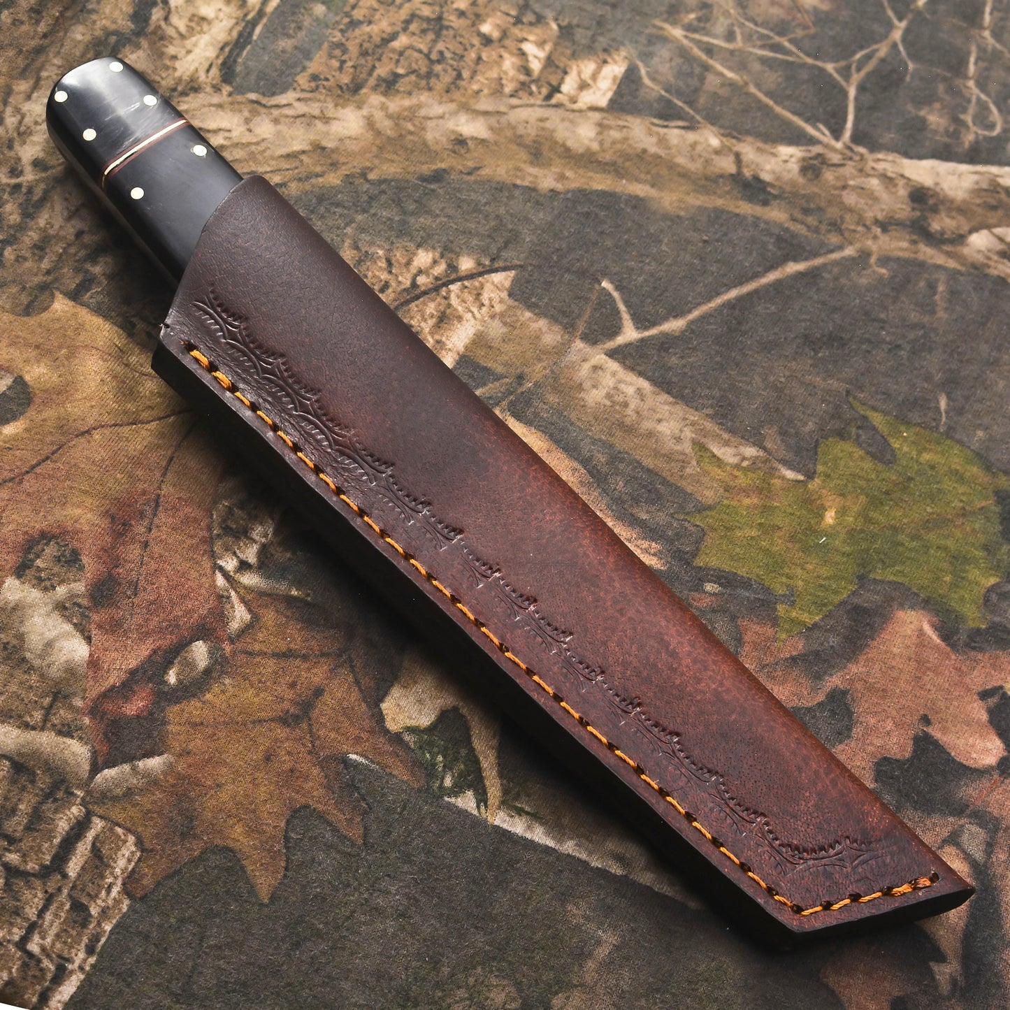 Japanese-Style Damascus Tanto Knife – Black Bull Horn Handle with Leather Sheath