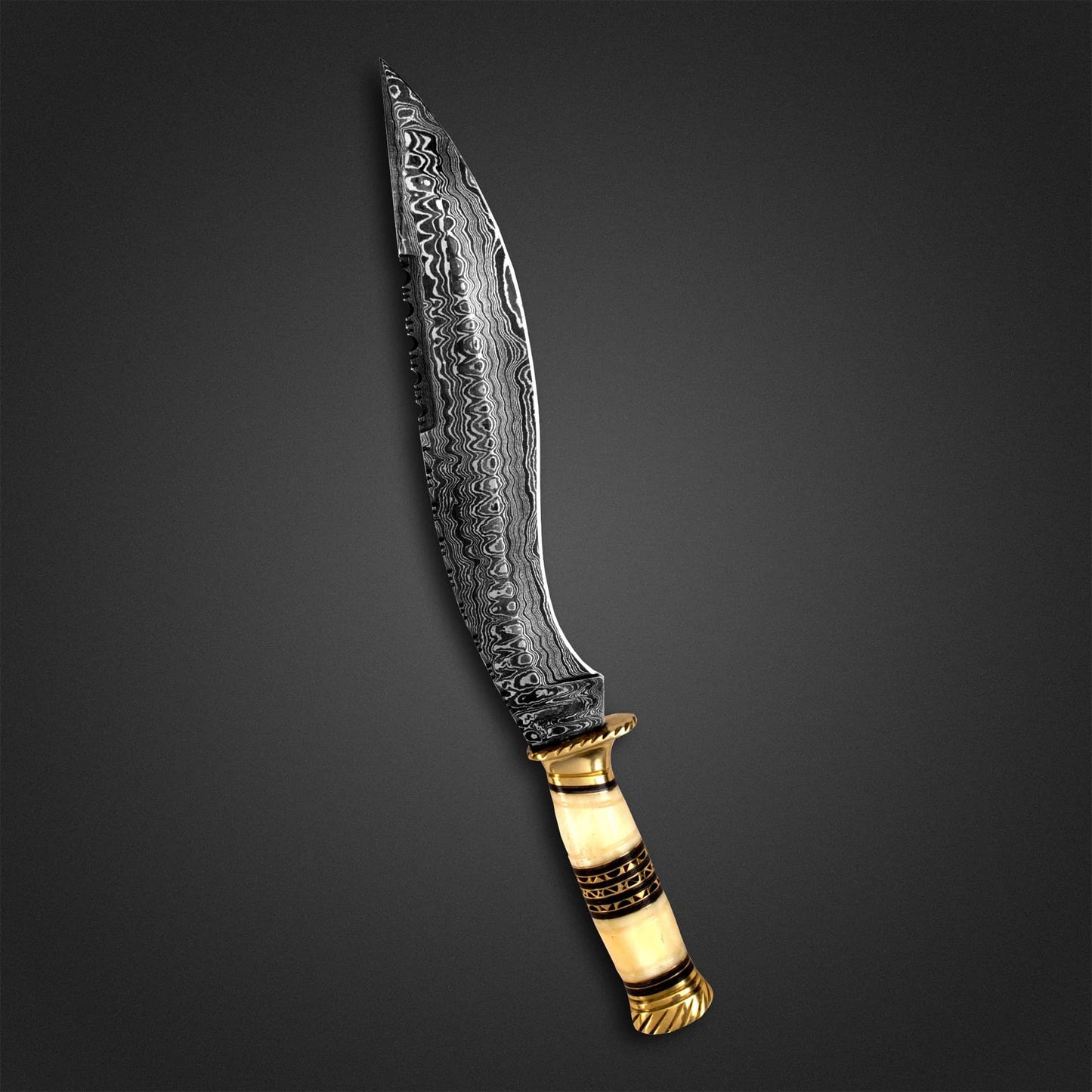 Handmade Damascus Steel Kukri Knife – Carved Bone Handle with Brass Accents & Leather Sheath