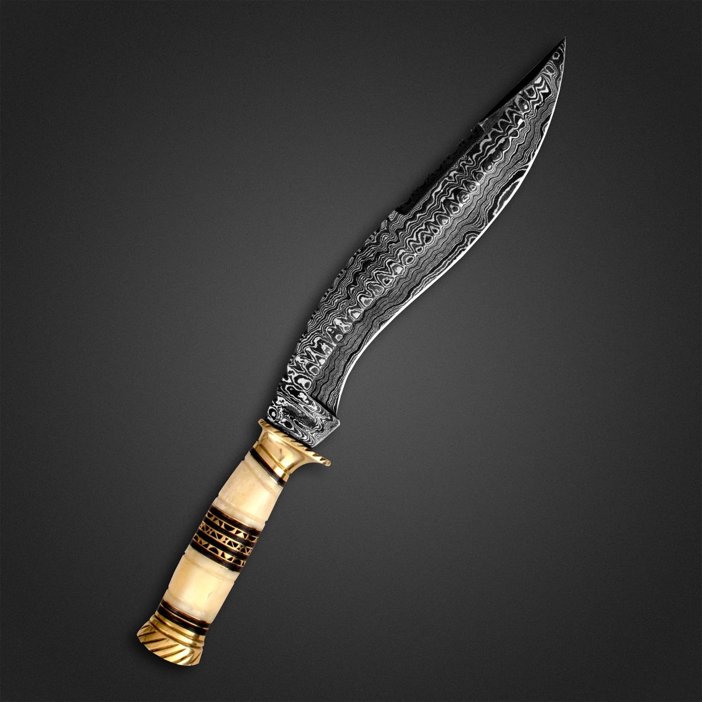Handmade Damascus Steel Kukri Knife – Carved Bone Handle with Brass Accents & Leather Sheath