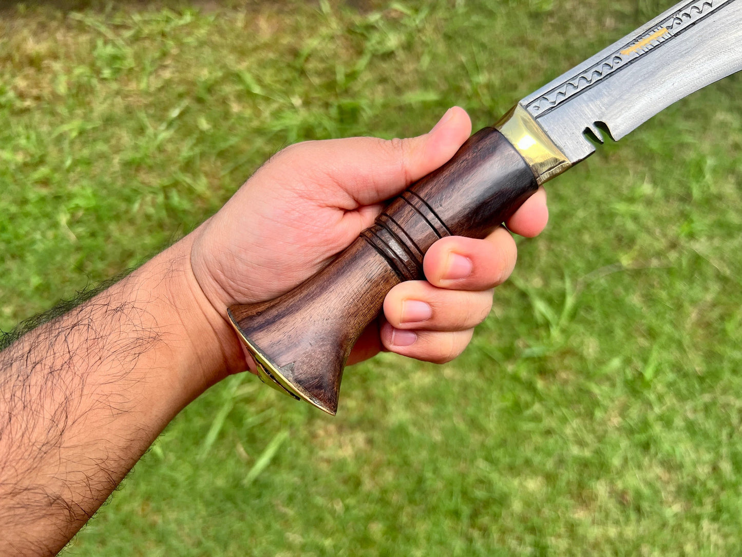 Traditional Kukri Knife with Wooden Handle and Carved Spine – Includes Sheath
