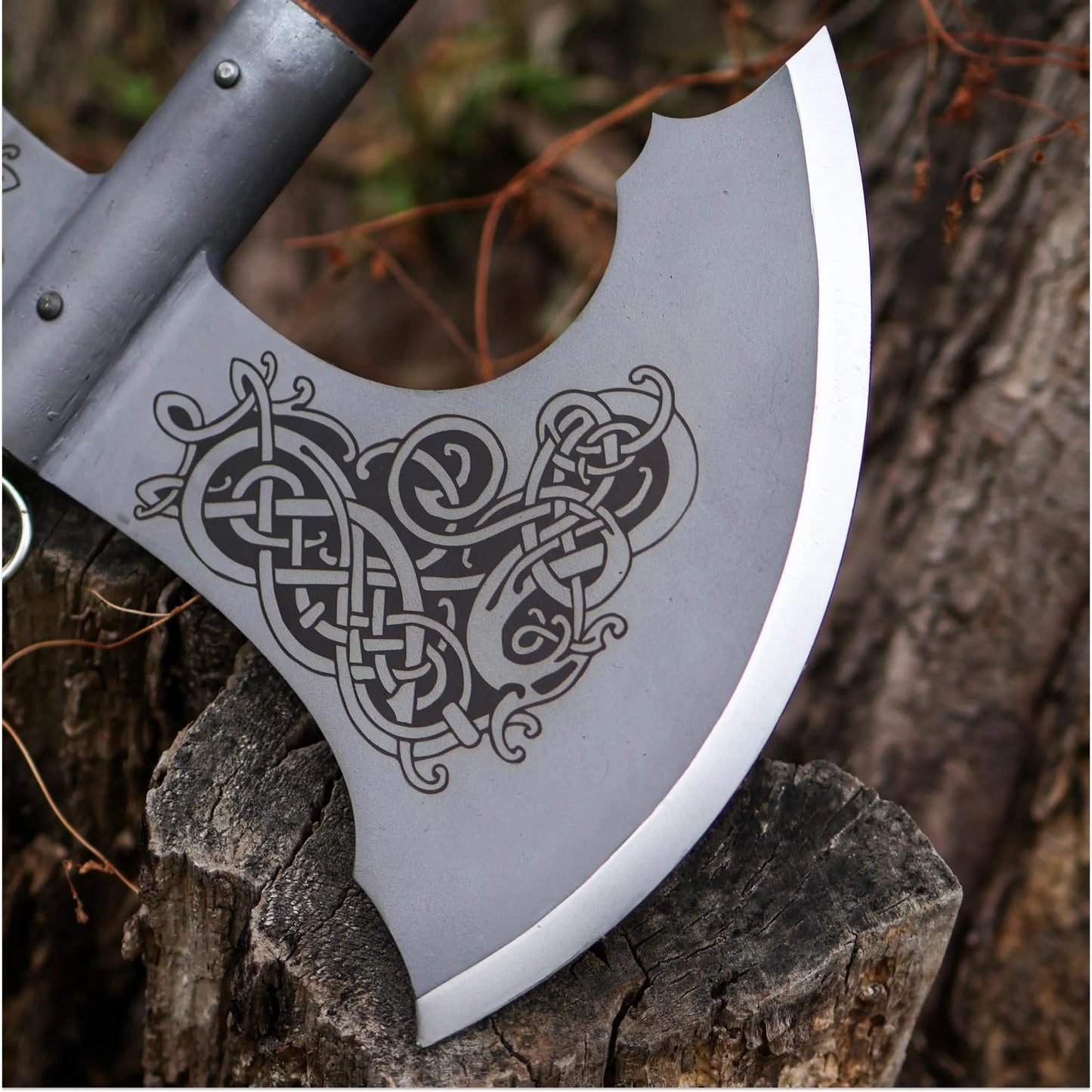 Viking Double-Headed Battle Axe – Norse Knotwork Engraving & Hardwood Shaft | Two-Handed Warrior Axe