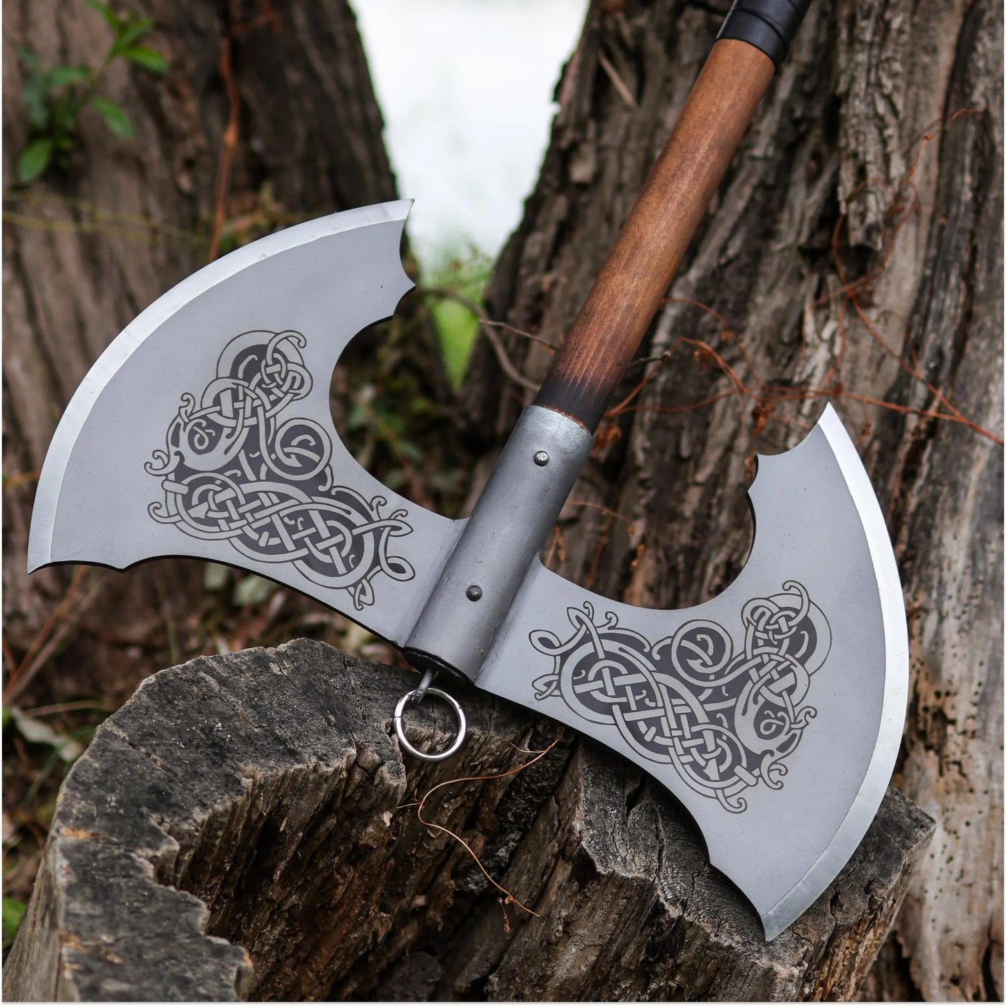 Viking Double-Headed Battle Axe – Norse Knotwork Engraving & Hardwood Shaft | Two-Handed Warrior Axe