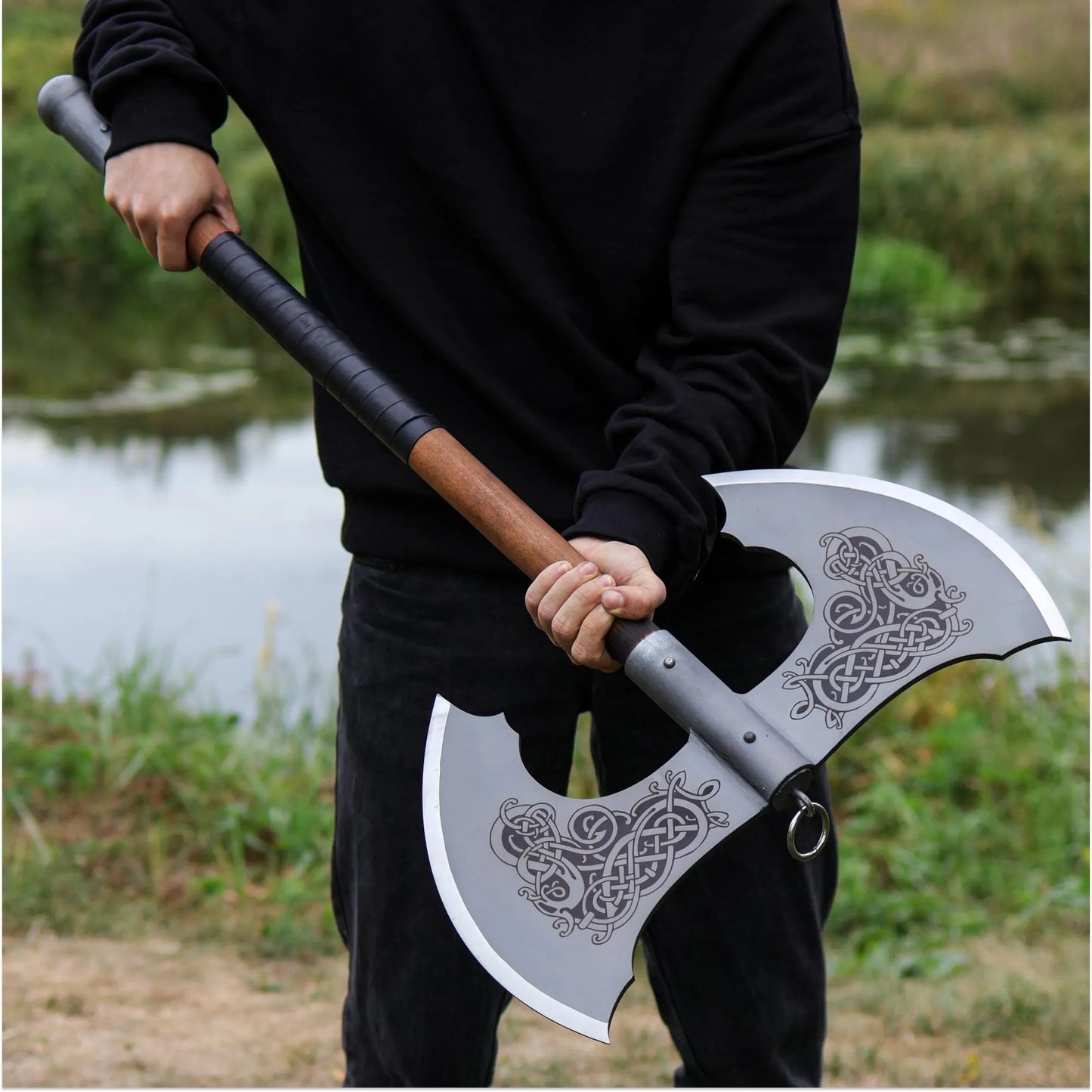 Viking Double-Headed Battle Axe – Norse Knotwork Engraving & Hardwood Shaft | Two-Handed Warrior Axe