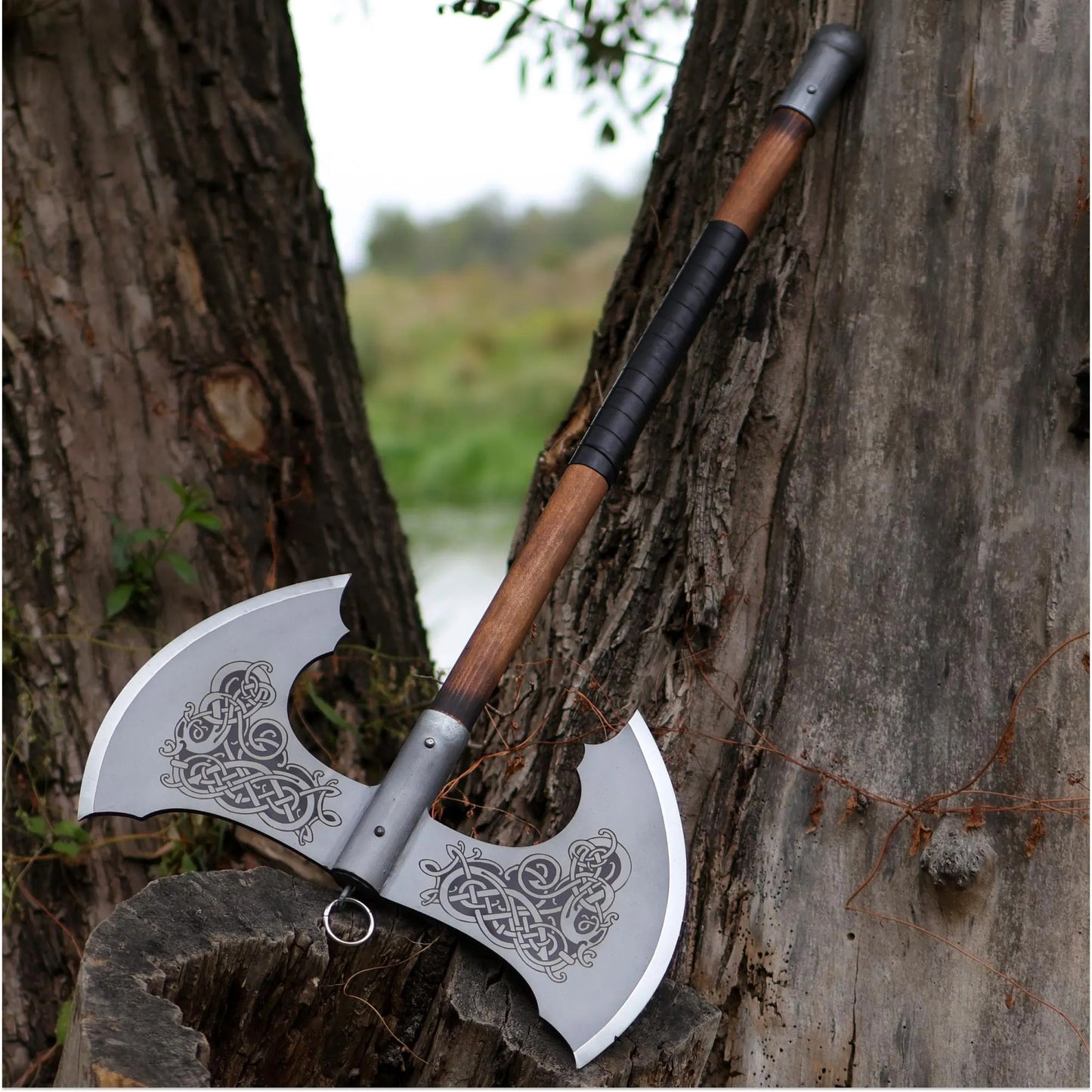 Viking Double-Headed Battle Axe – Norse Knotwork Engraving & Hardwood Shaft | Two-Handed Warrior Axe