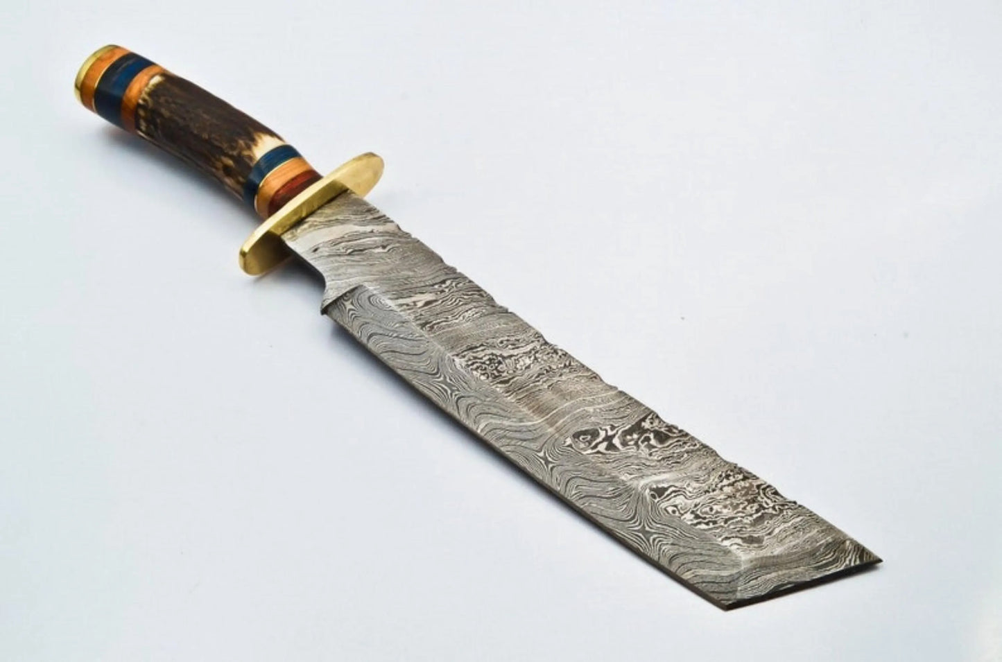 Handmade Damascus Steel Bowie Knife – Stag Antler Handle & Brass Guard with Leather Sheath