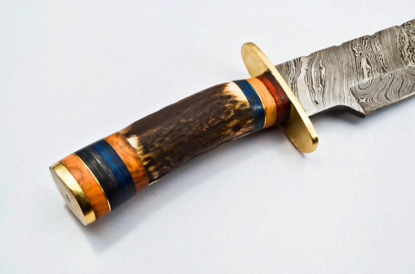 Handmade Damascus Steel Bowie Knife – Stag Antler Handle & Brass Guard with Leather Sheath