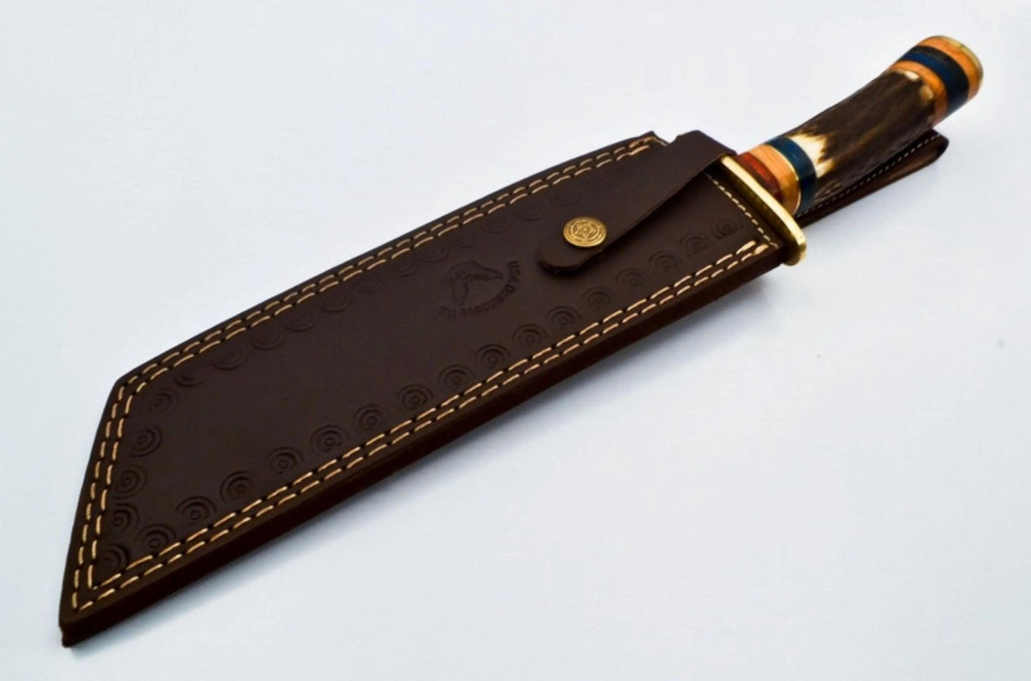 Handmade Damascus Steel Bowie Knife – Stag Antler Handle & Brass Guard with Leather Sheath