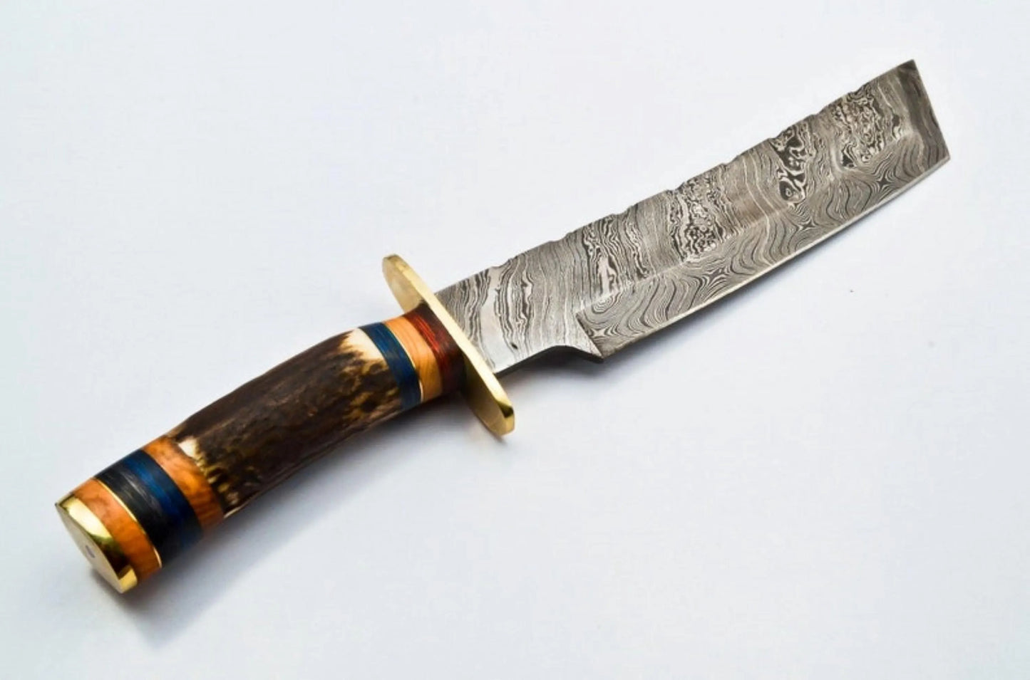 Handmade Damascus Steel Bowie Knife – Stag Antler Handle & Brass Guard with Leather Sheath