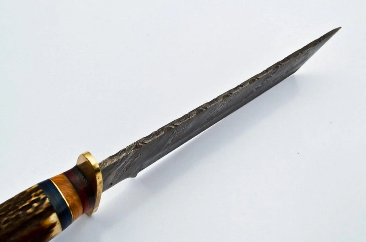 Handmade Damascus Steel Bowie Knife – Stag Antler Handle & Brass Guard with Leather Sheath
