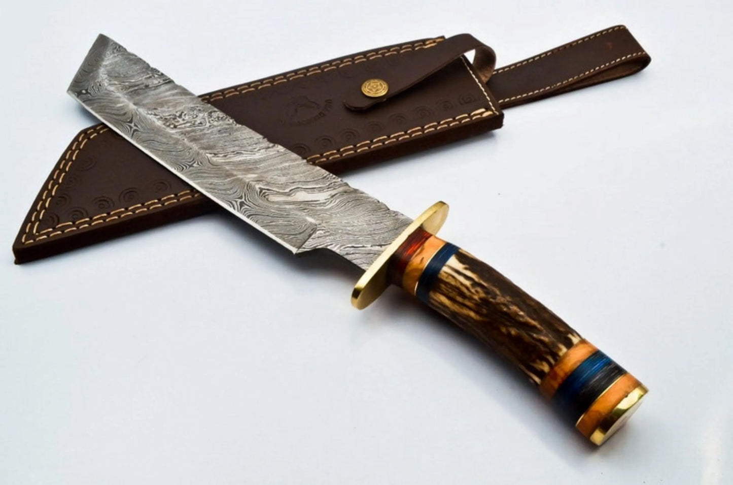Handmade Damascus Steel Bowie Knife – Stag Antler Handle & Brass Guard with Leather Sheath