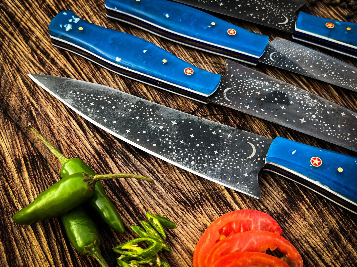 Galaxy Etched Chef Knife Set – 5-Piece Culinary Set with Star Pattern Blades & Blue Resin Handles