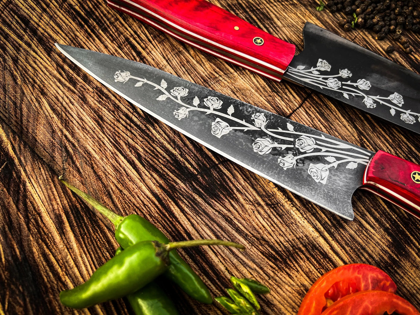Rose-Etched Chef Knife Set – 2-Piece Floral Blade Design with Red Resin Handles