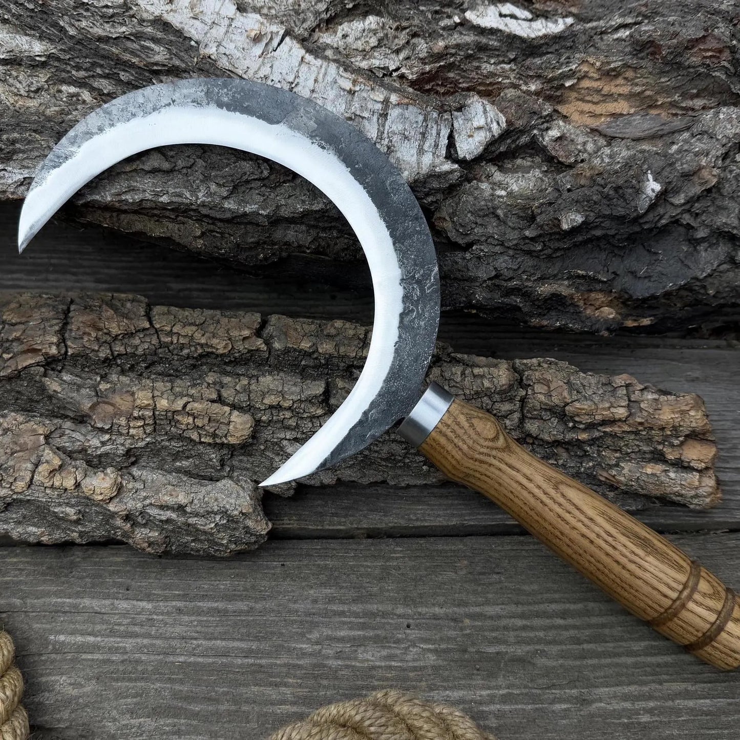 Hand-Forged Medieval Sickle – Curved Carbon Steel Blade with Carved Wood Handle
