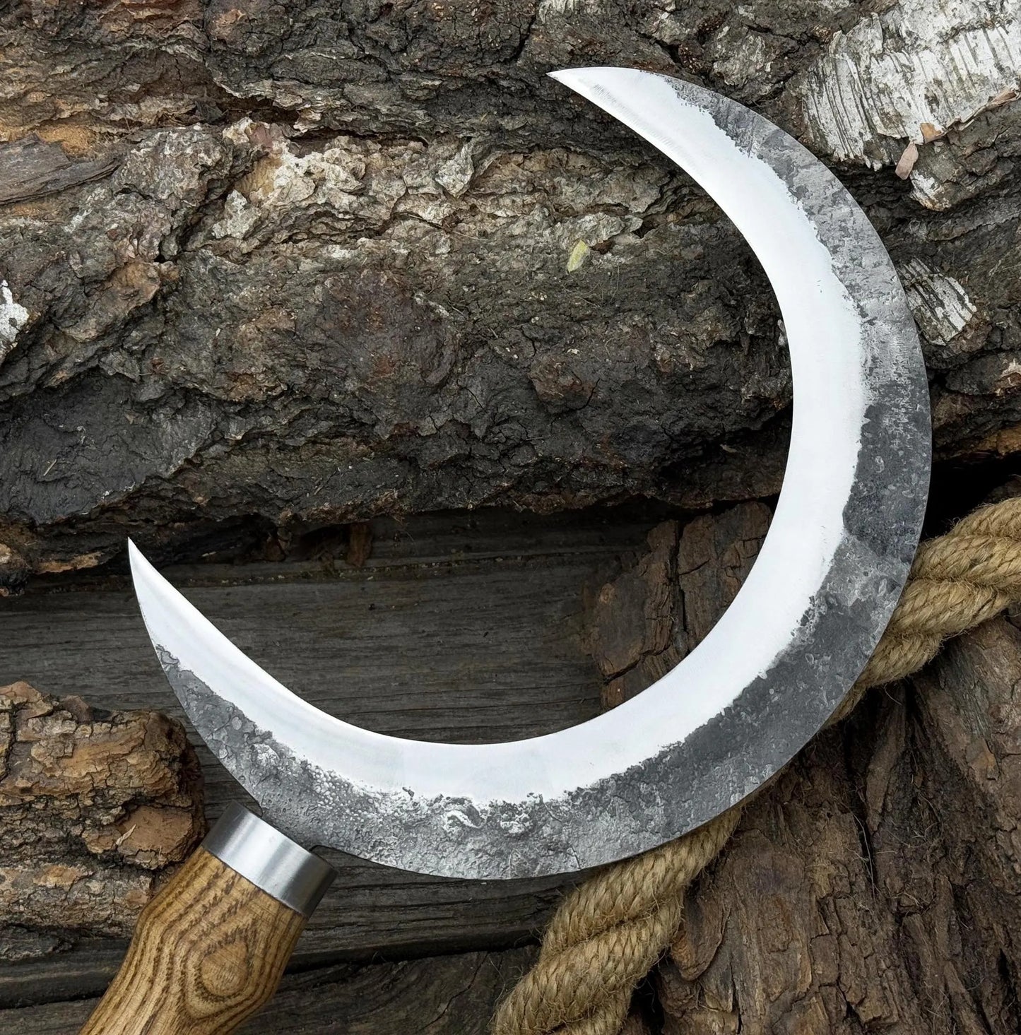 Hand-Forged Medieval Sickle – Curved Carbon Steel Blade with Carved Wood Handle
