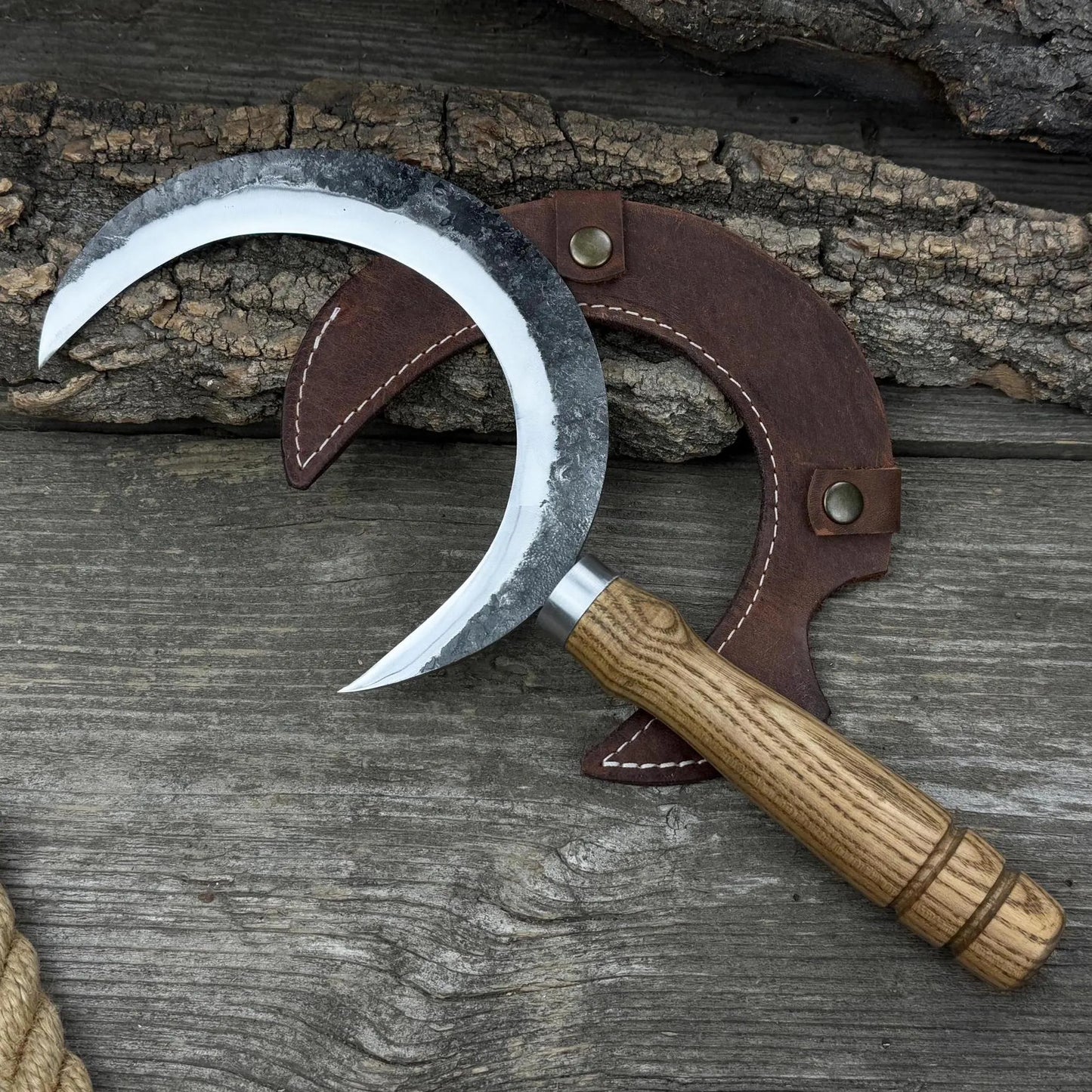 Hand-Forged Medieval Sickle – Curved Carbon Steel Blade with Carved Wood Handle