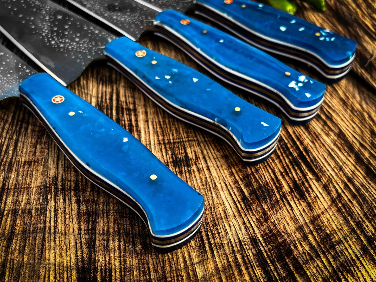 Galaxy Etched Chef Knife Set – 5-Piece Culinary Set with Star Pattern Blades & Blue Resin Handles